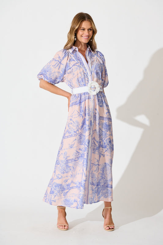 Garden Spritz Maxi Shirt Dress in Blush with Blue Linen Blend