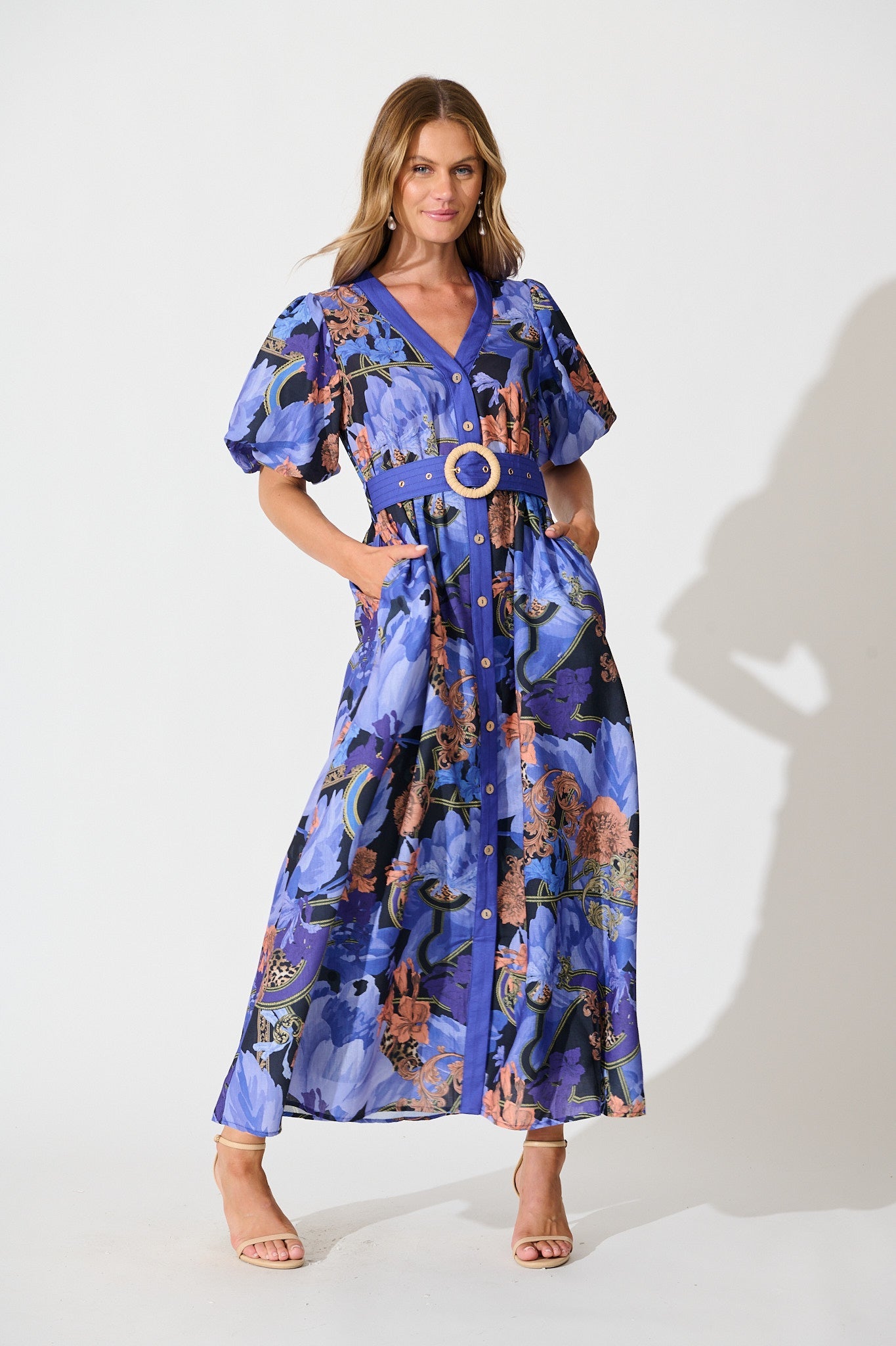 Mystical Bloom Maxi Dress in Blue with Multi Linen Blend