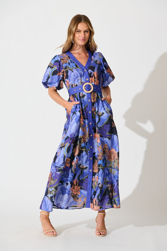 Mystical Bloom Maxi Dress in Blue with Multi Linen Blend
