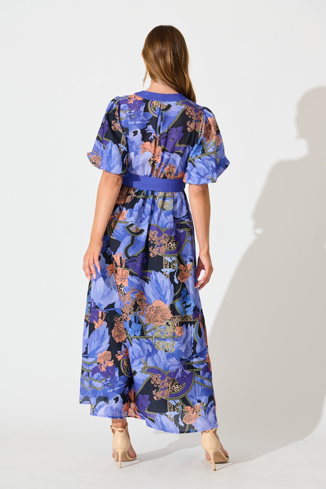 Mystical Bloom Maxi Dress in Blue with Multi Linen Blend