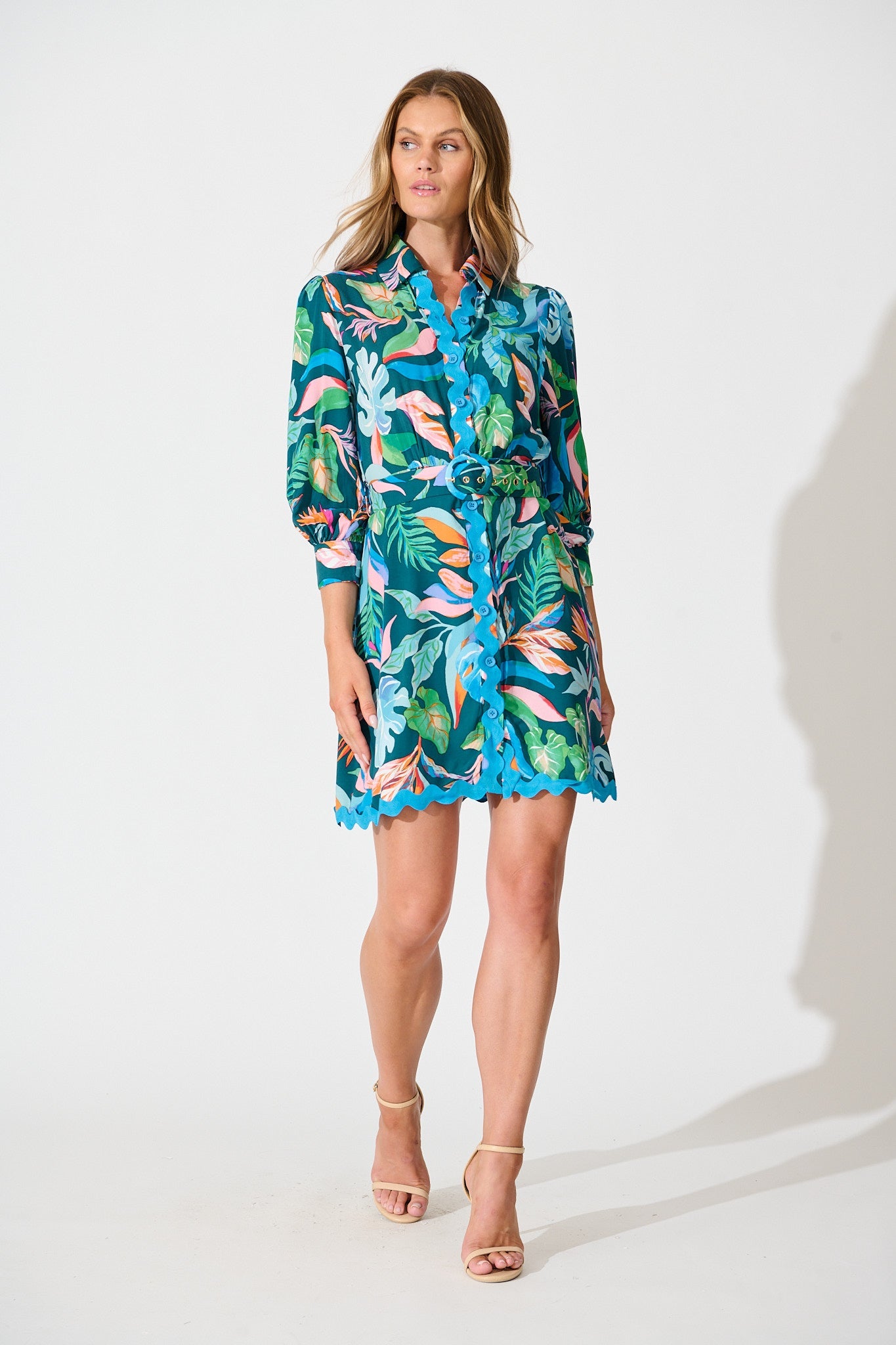 Amico Dress in Teal with Multi Leaf Print