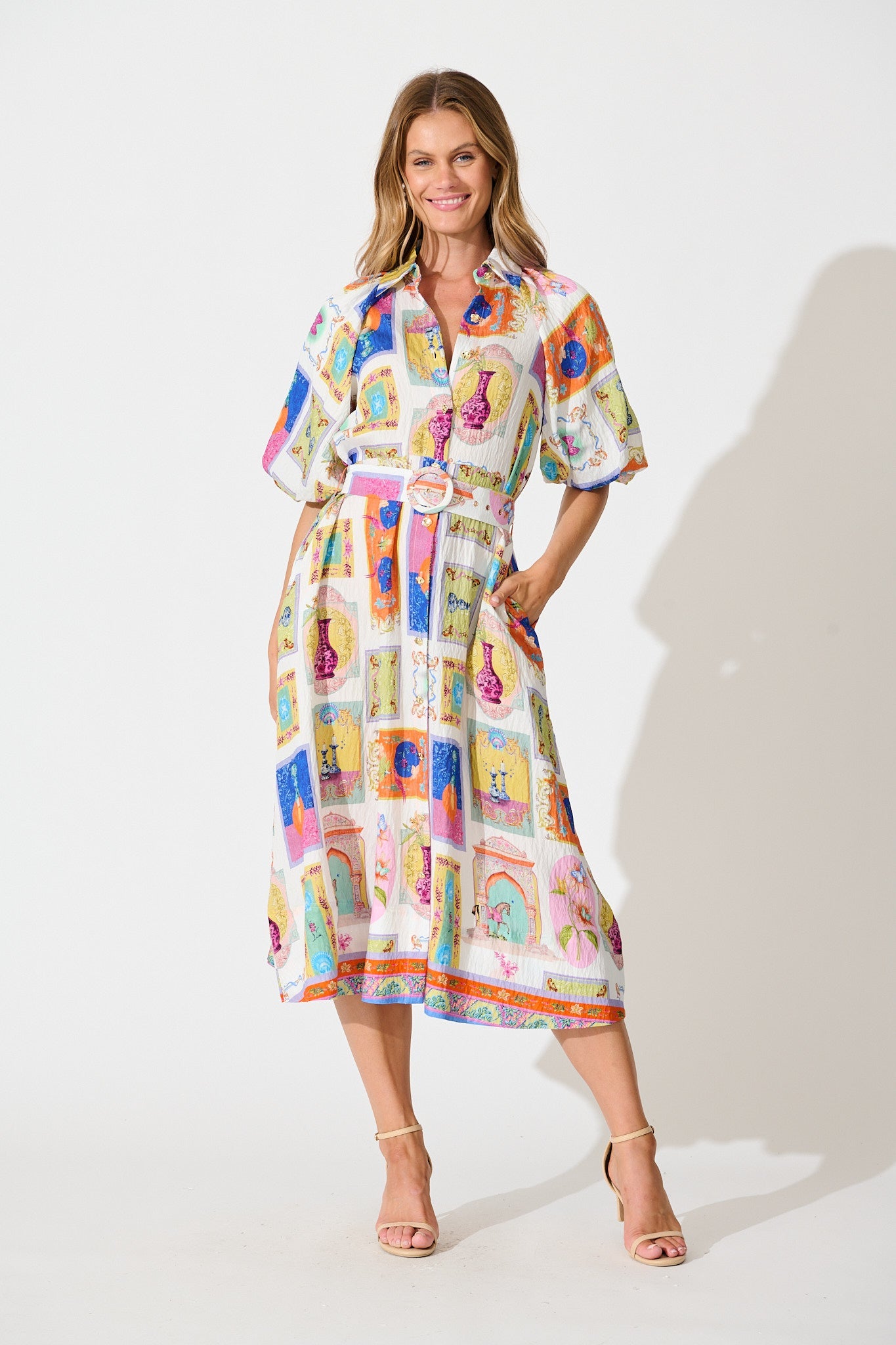 Serenity Midi Shirt Dress in Cream with Multi Conversational Print