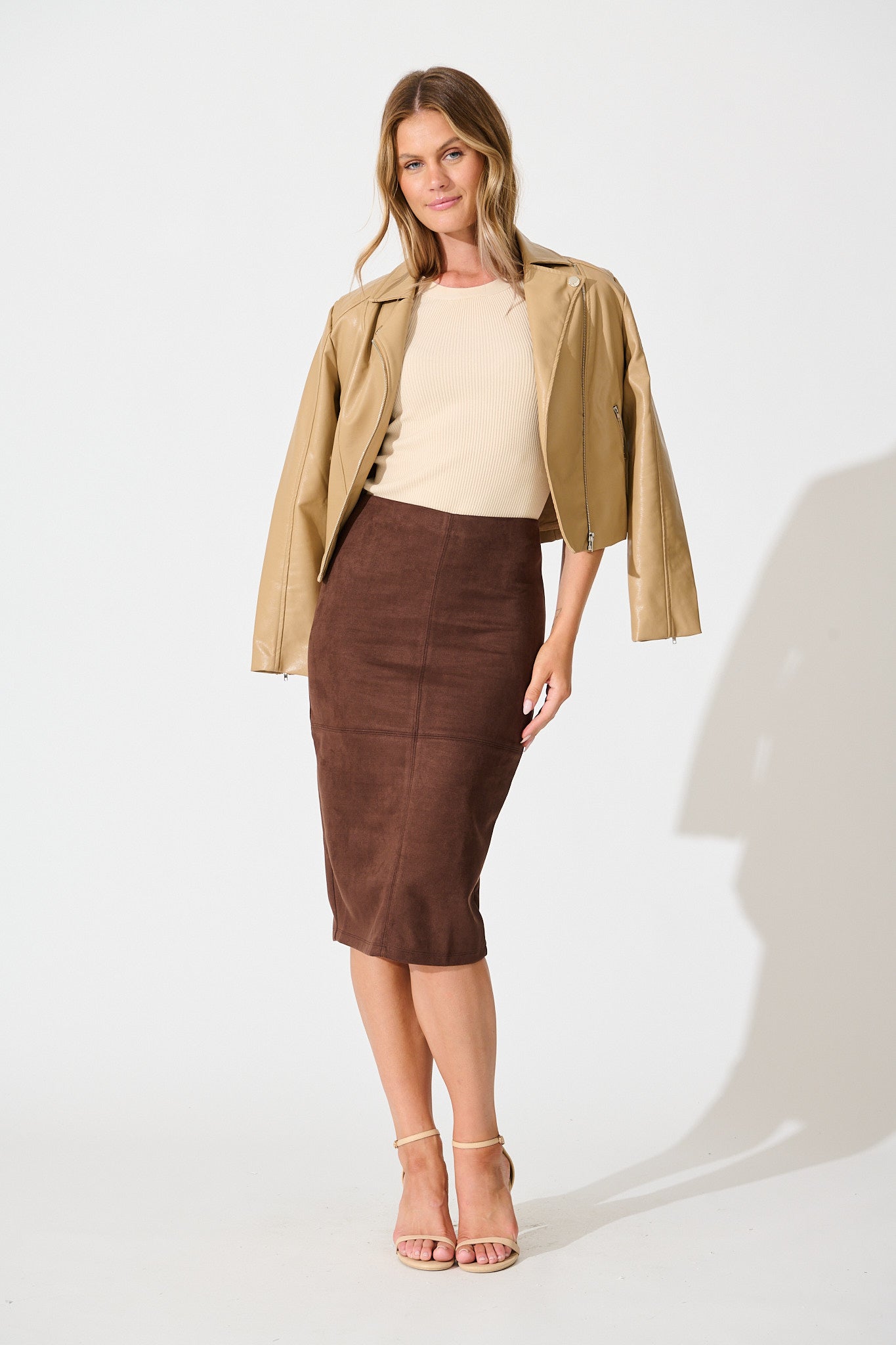 Hold Tight Midi Skirt in Brown Suedette