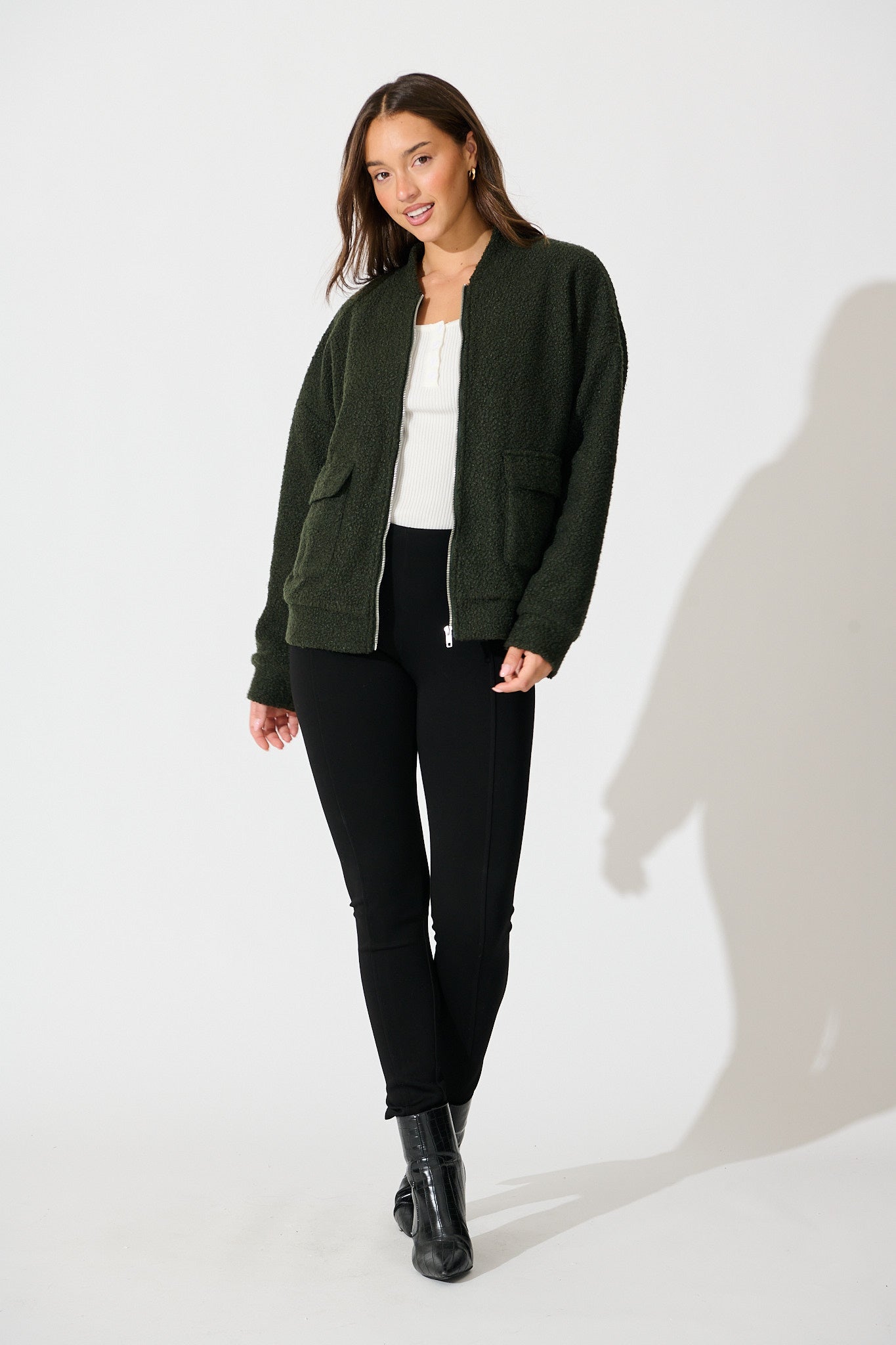 Kenzie Teddy Bomber Jacket in Khaki