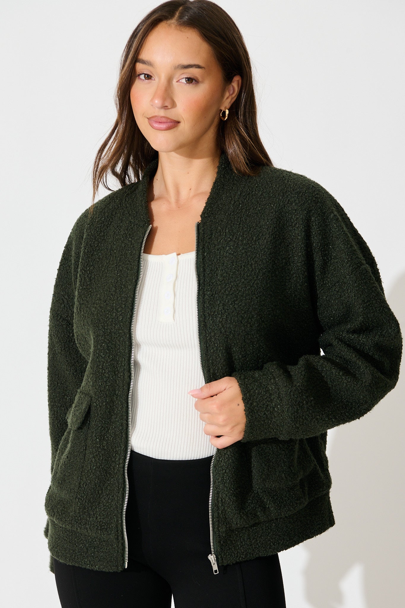 Kenzie Teddy Bomber Jacket in Khaki
