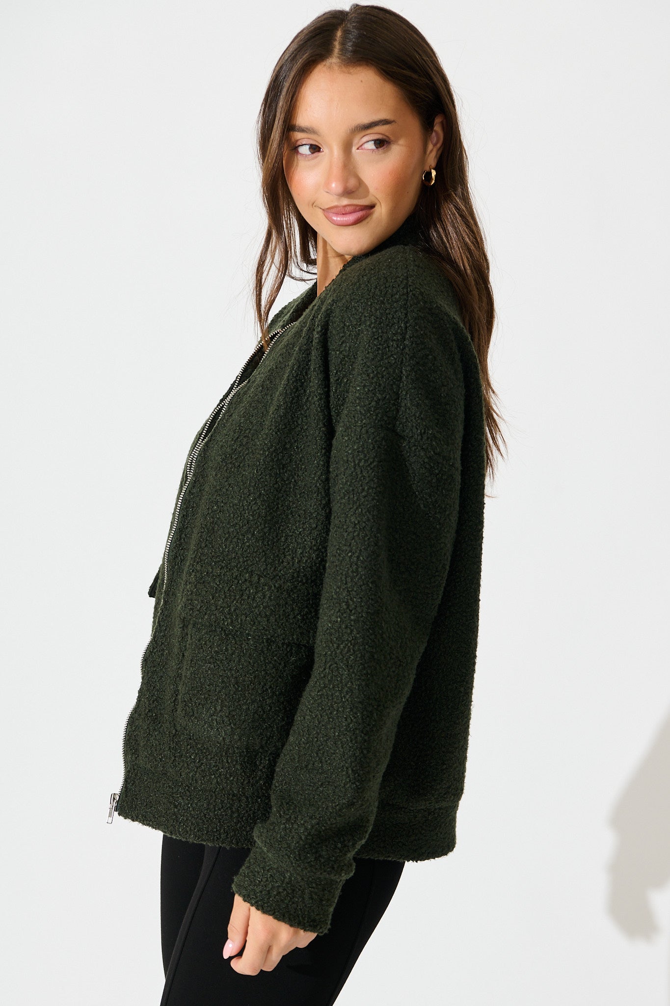 Kenzie Teddy Bomber Jacket in Khaki