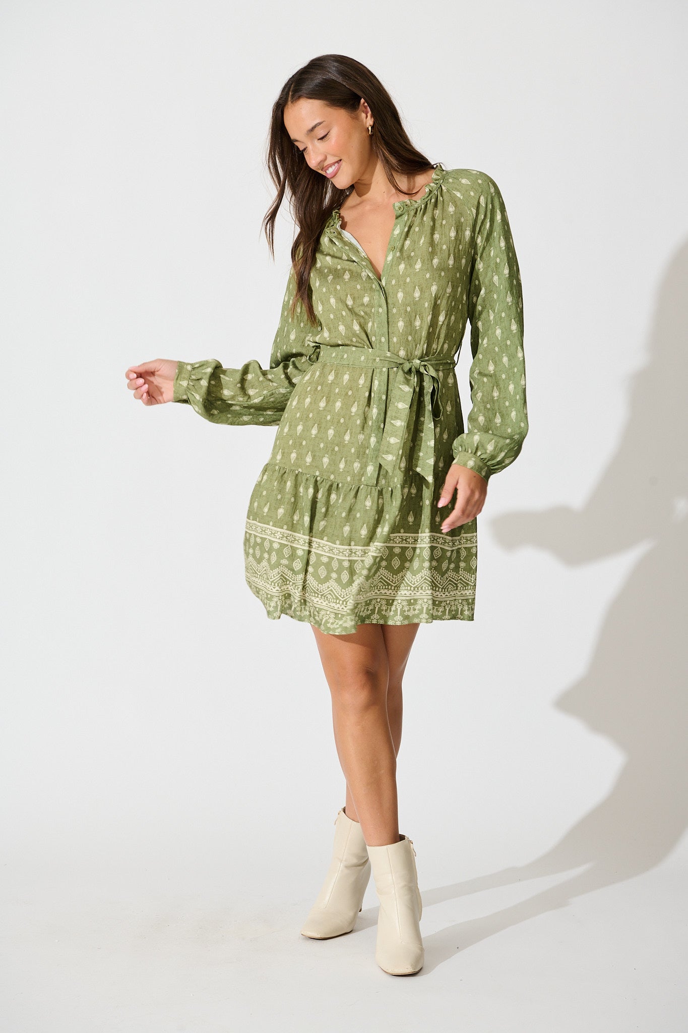 Benita Dress in Green with Cream Print