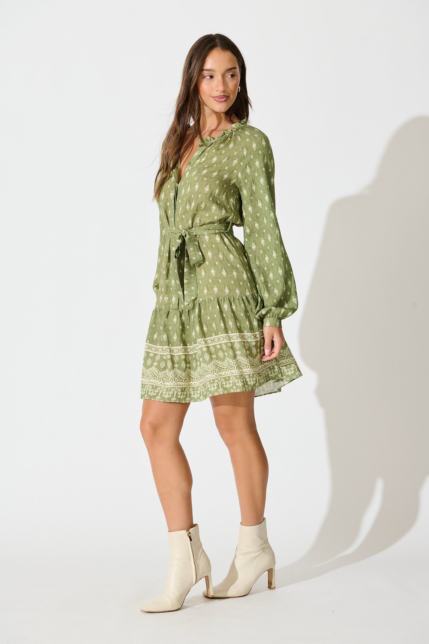 Benita Dress in Green with Cream Print