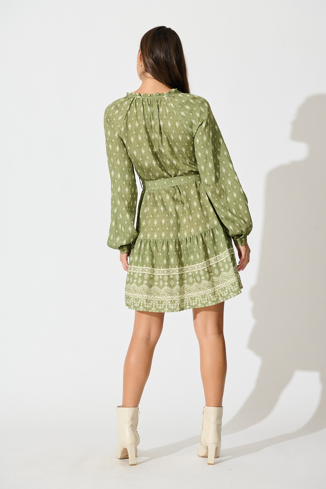Benita Dress in Green with Cream Print
