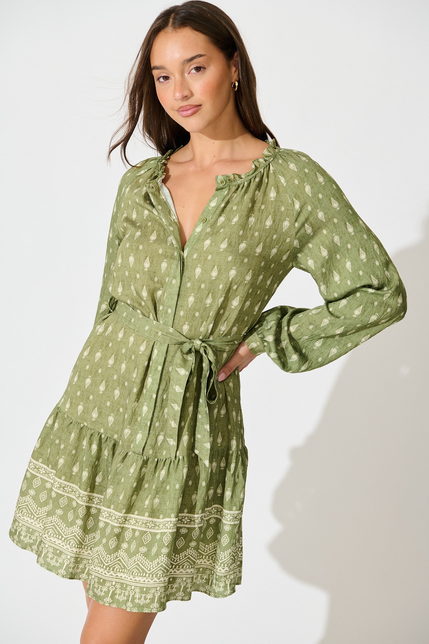 Benita Dress in Green with Cream Print