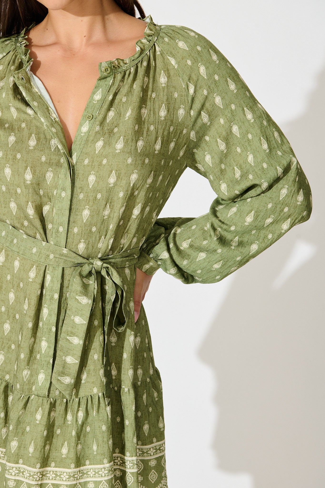 Benita Dress in Green with Cream Print