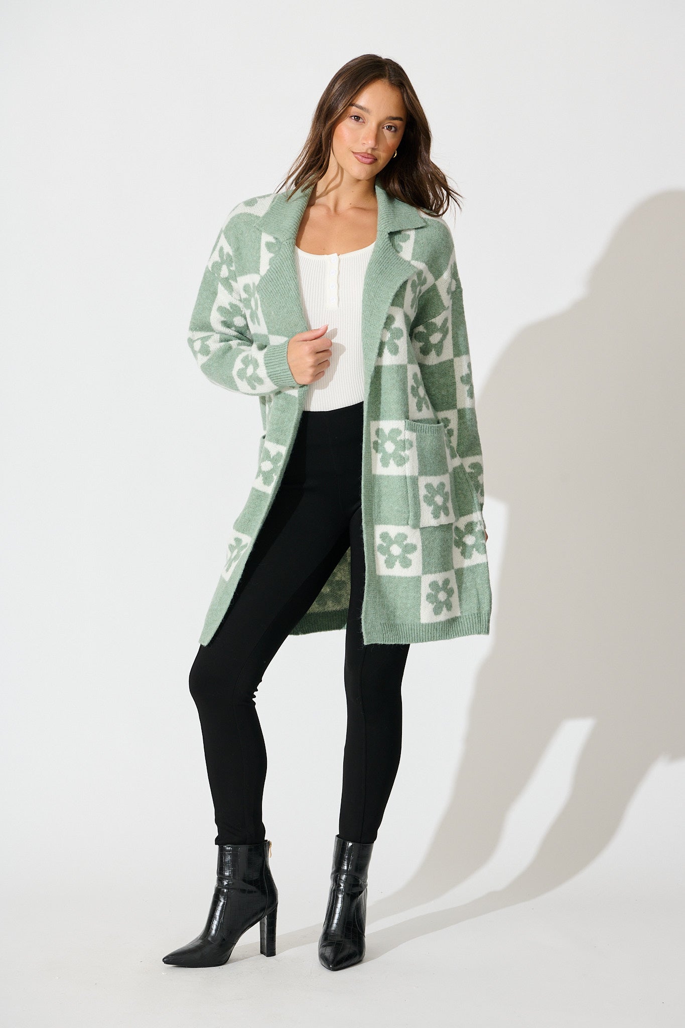 Kinney Knit Cardigan In Sage with Flower