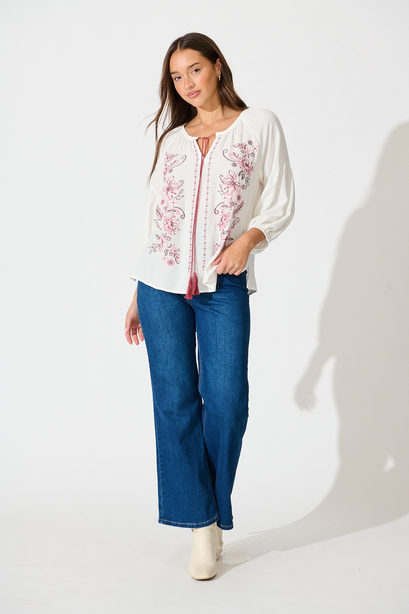 Tasha Top in White with Floral Embroidery