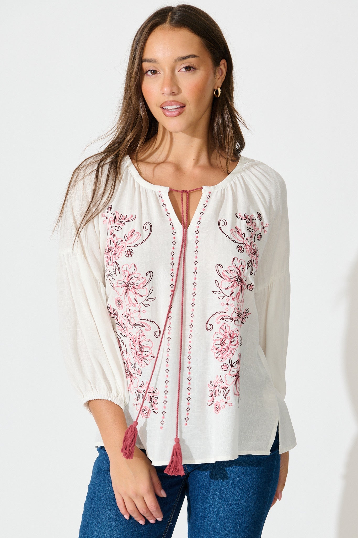 Tasha Top in White with Floral Embroidery