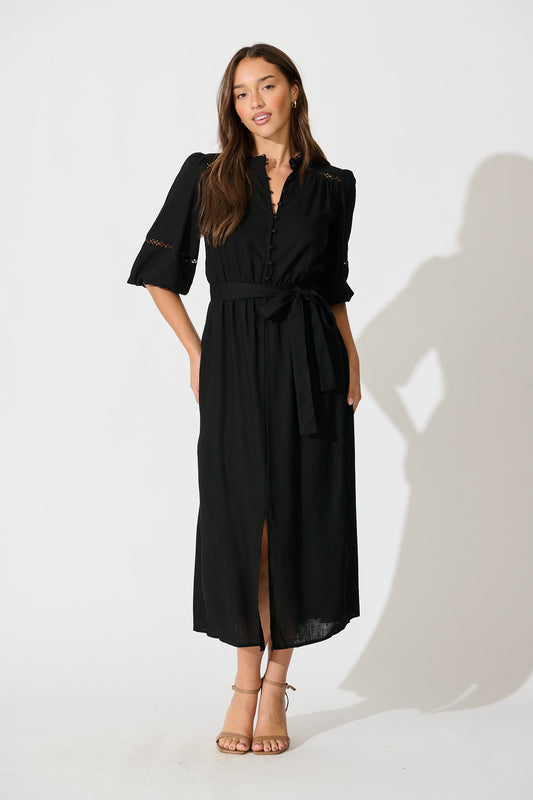 Matika Midi Dress in Black Linen Blend