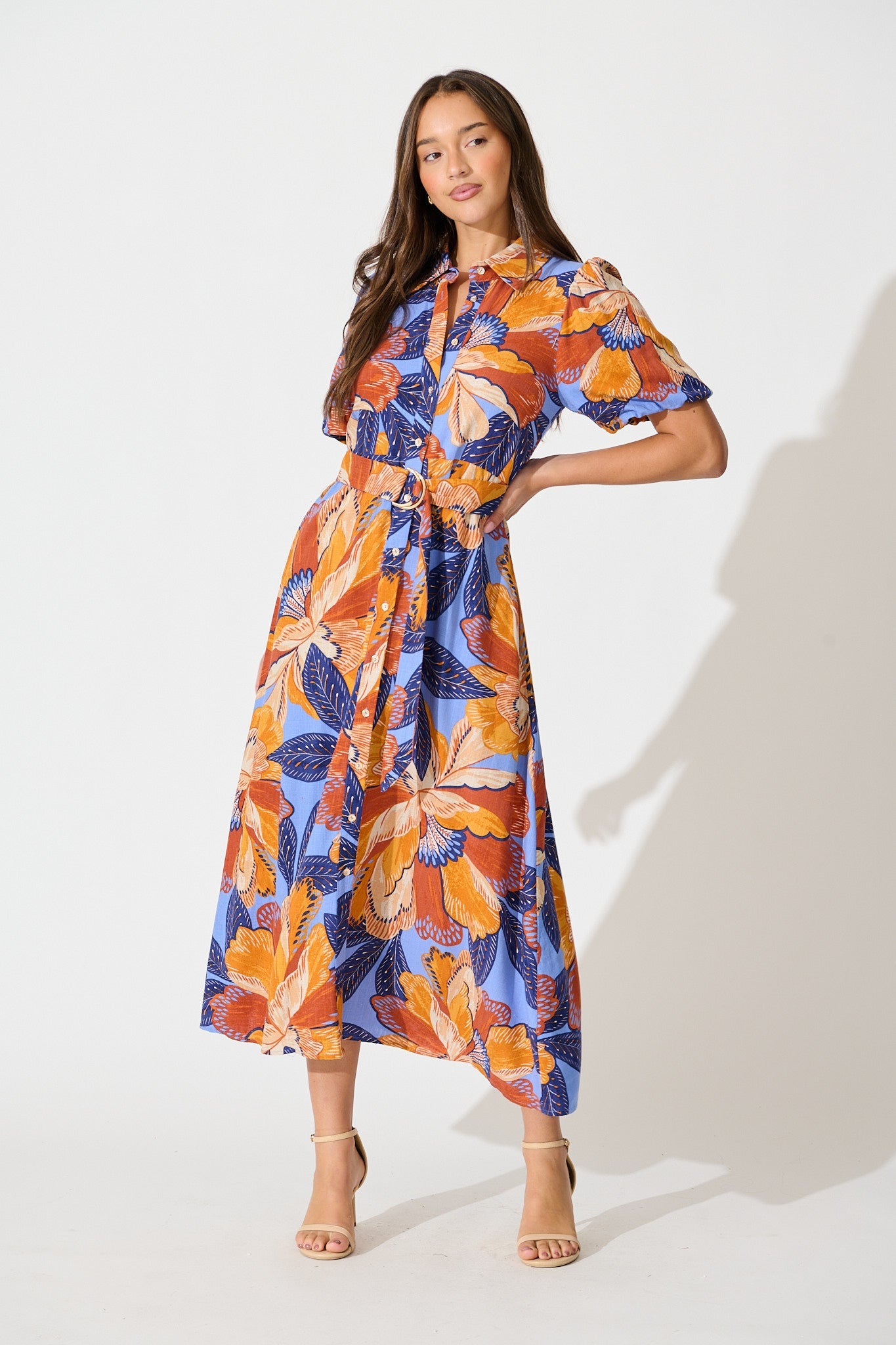 Tanisha Maxi Shirt Dress in Multi Print Linen Blend