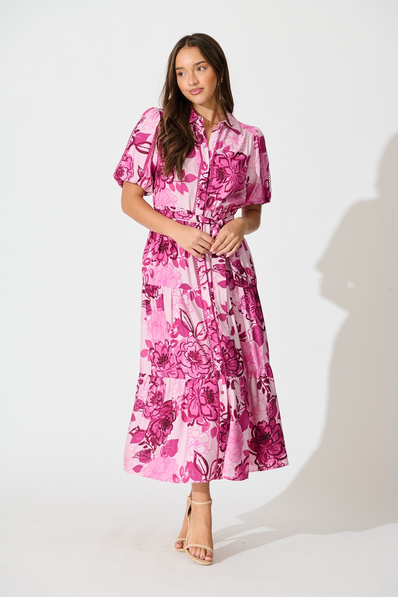 Audrey Maxi Shirt Dress in Pink Floral