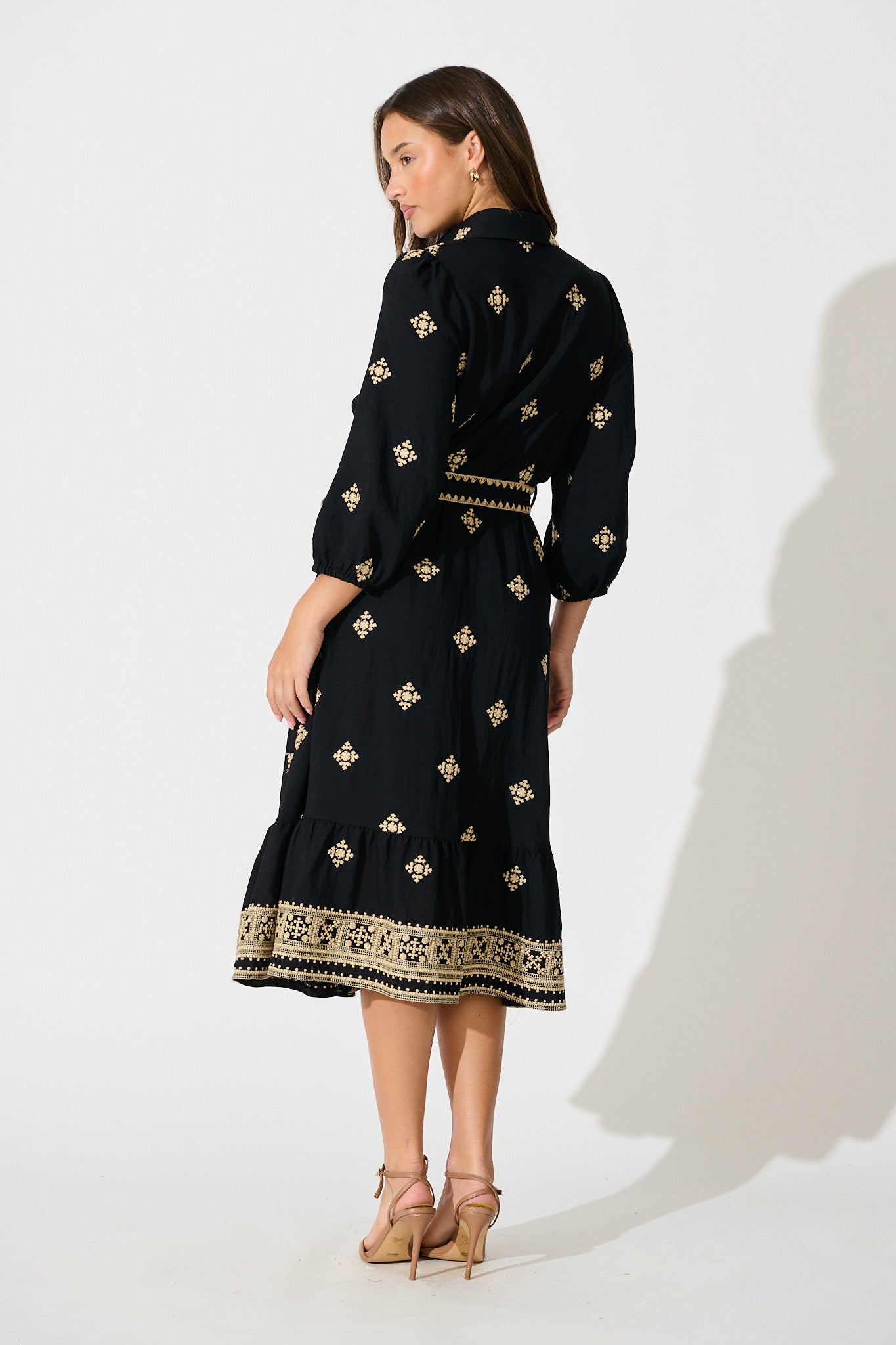 Nahla Midi Shirt Dress in Black with Cream Embroidery