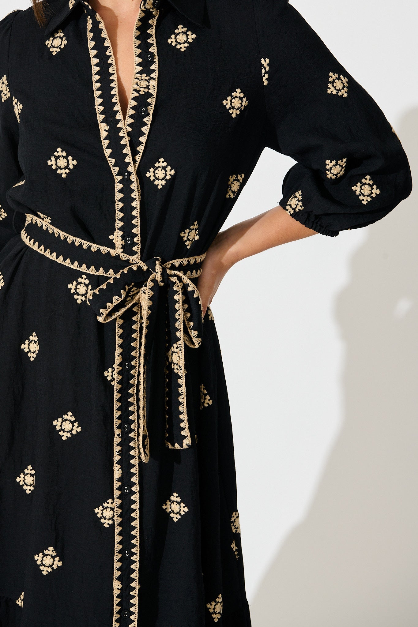 Nahla Midi Shirt Dress in Black with Cream Embroidery