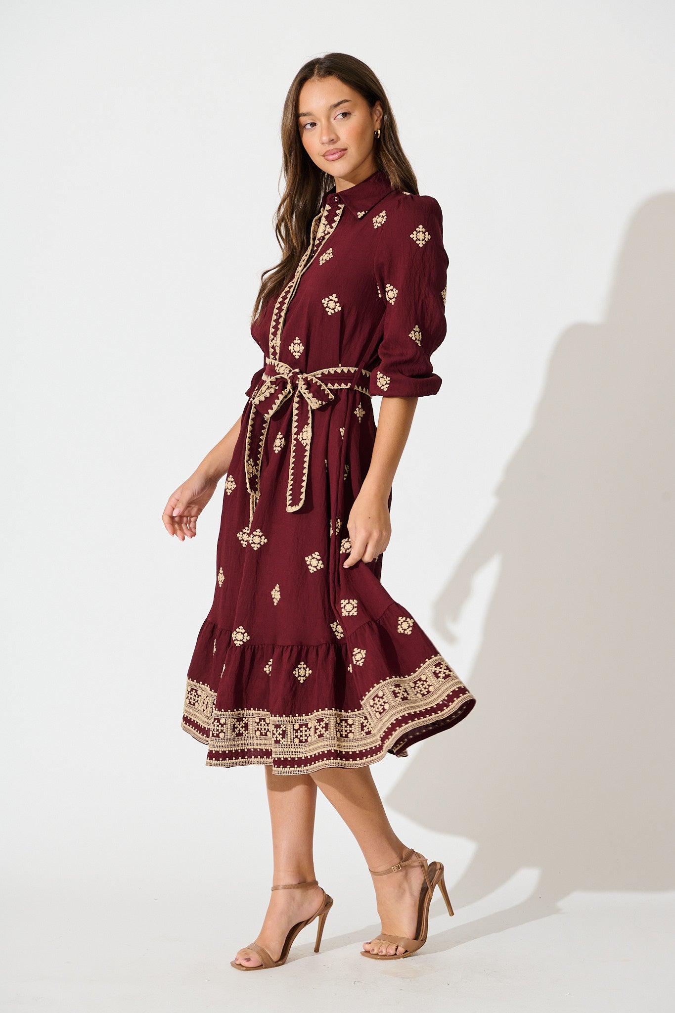Nahla Midi Shirt Dress in Wine with Cream Embroidery