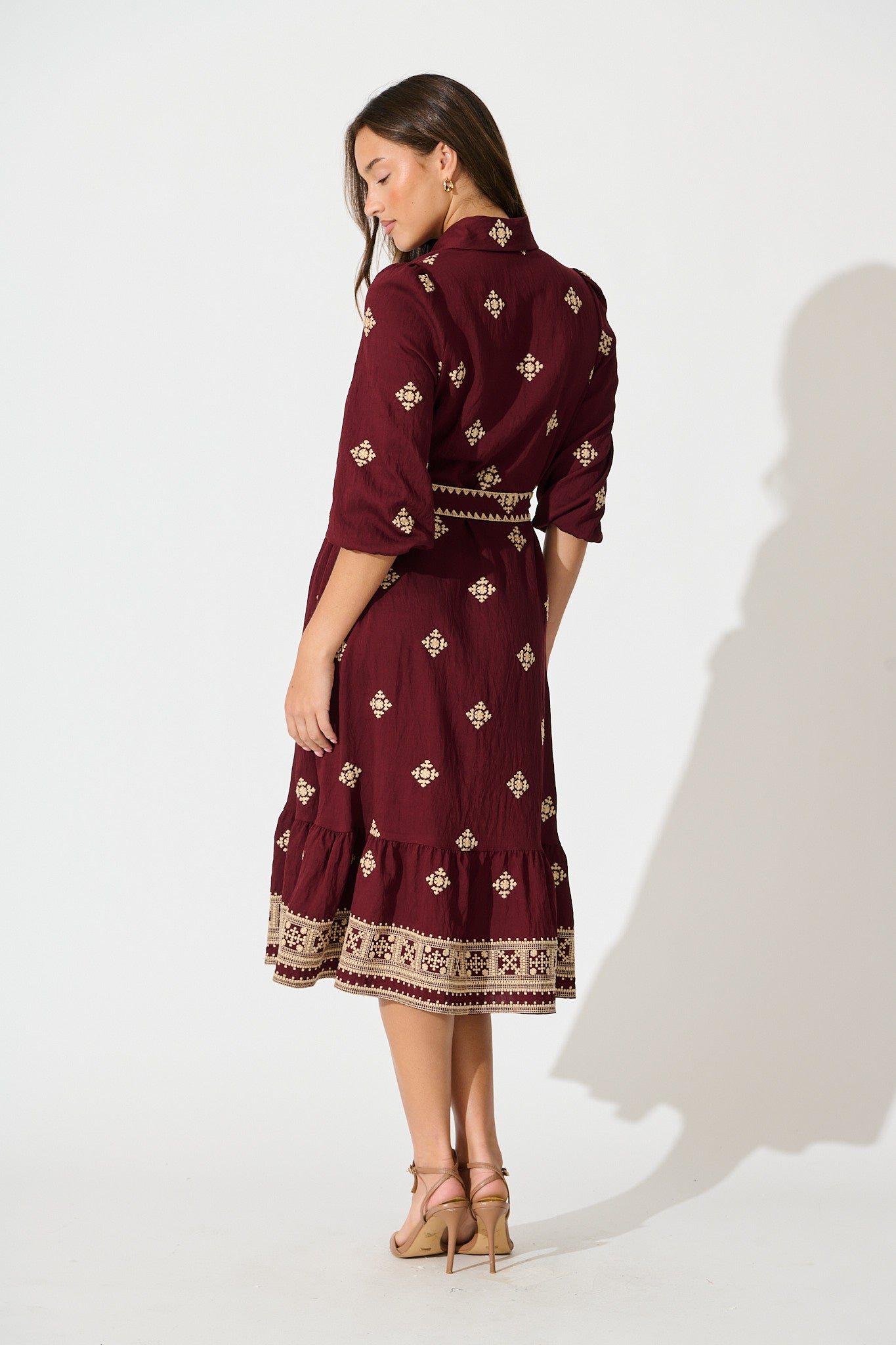 Nahla Midi Shirt Dress in Wine with Cream Embroidery