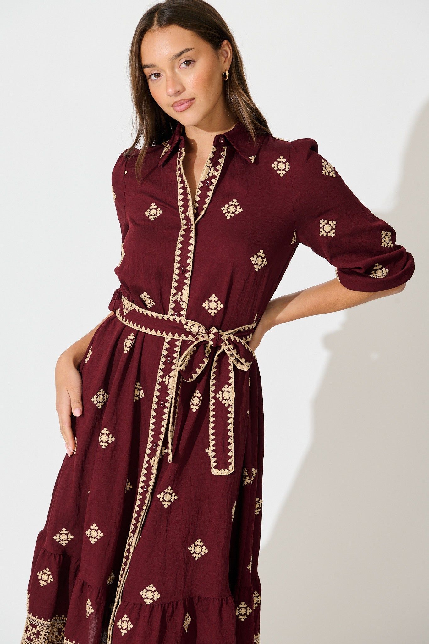 Nahla Midi Shirt Dress in Wine with Cream Embroidery