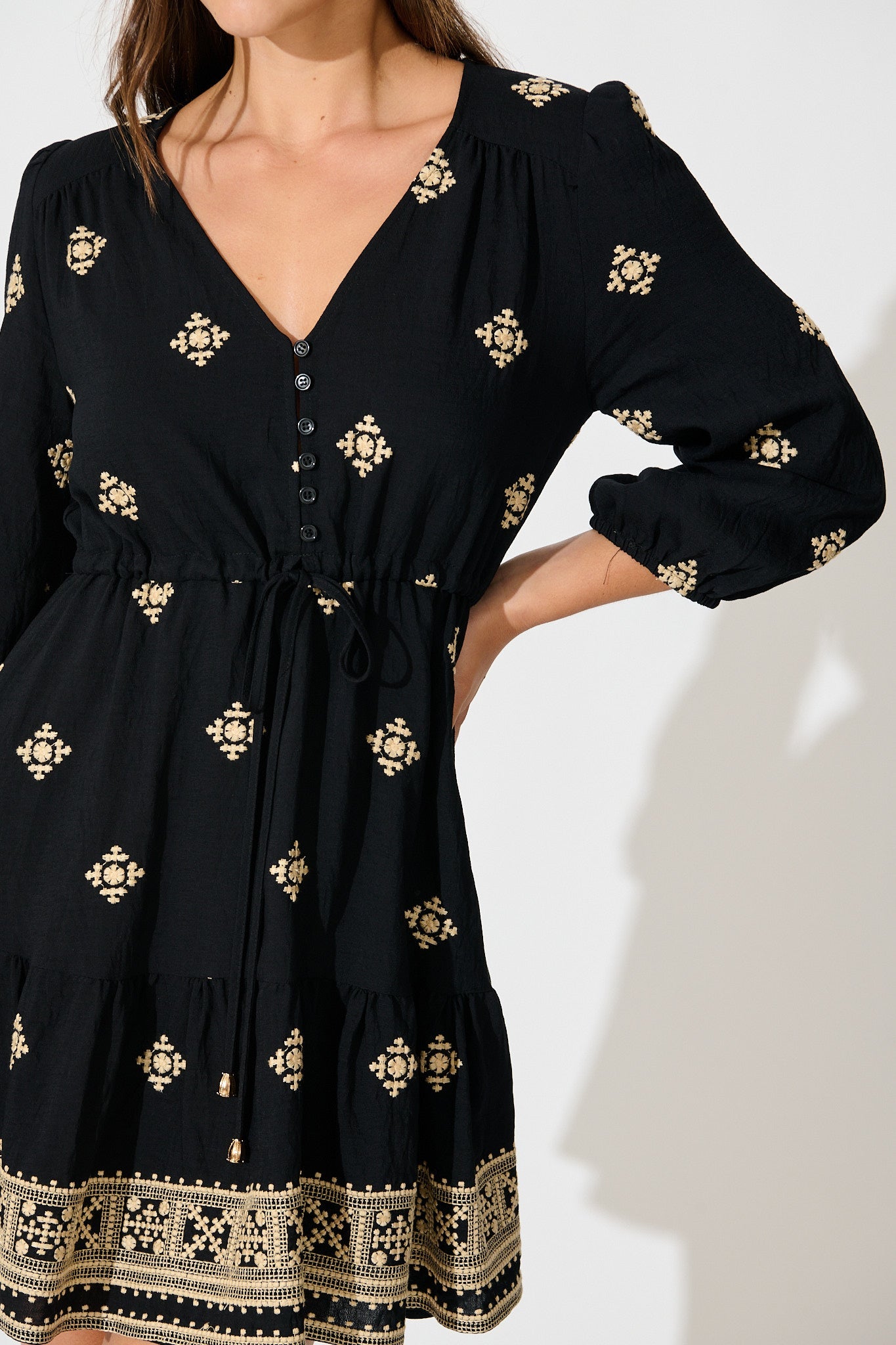Byron Dress in Black with Cream Embroidery