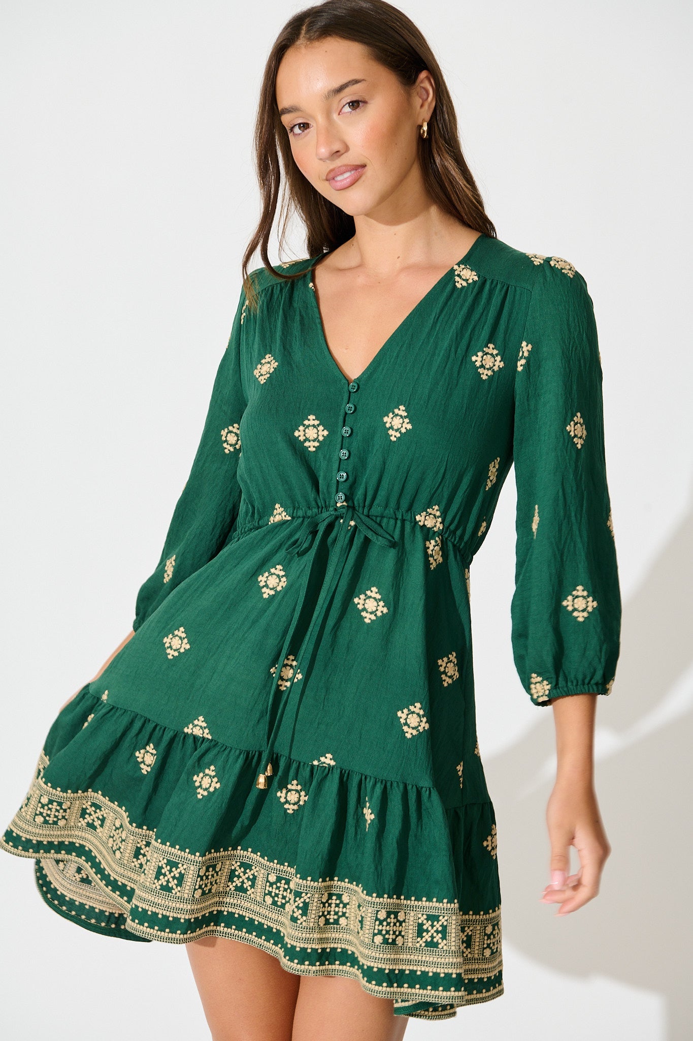 Byron Dress in Emerald with Cream Embroidery