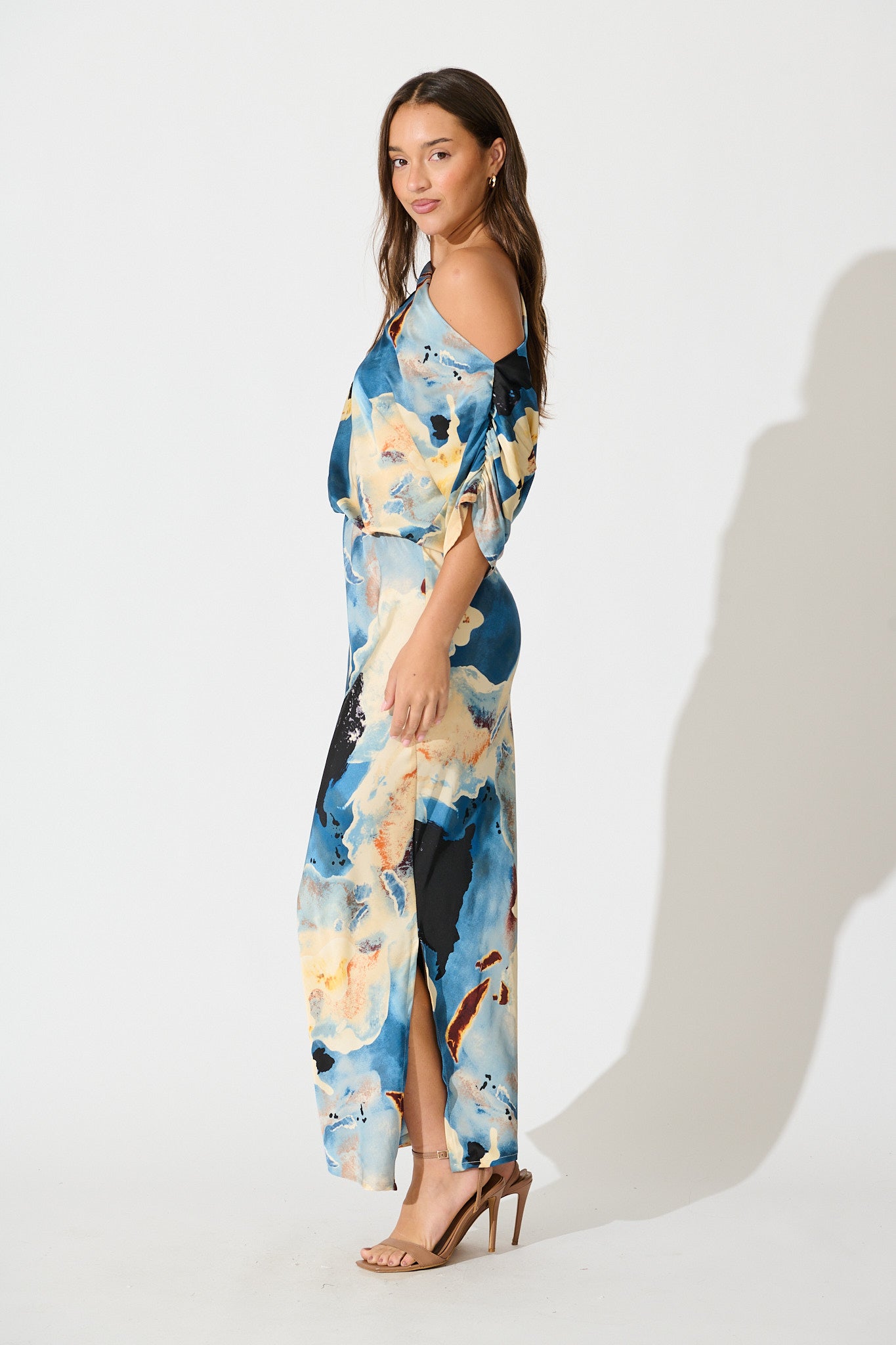 Sarita Maxi Off Shoulder Dress in Blue Watercolour Satin