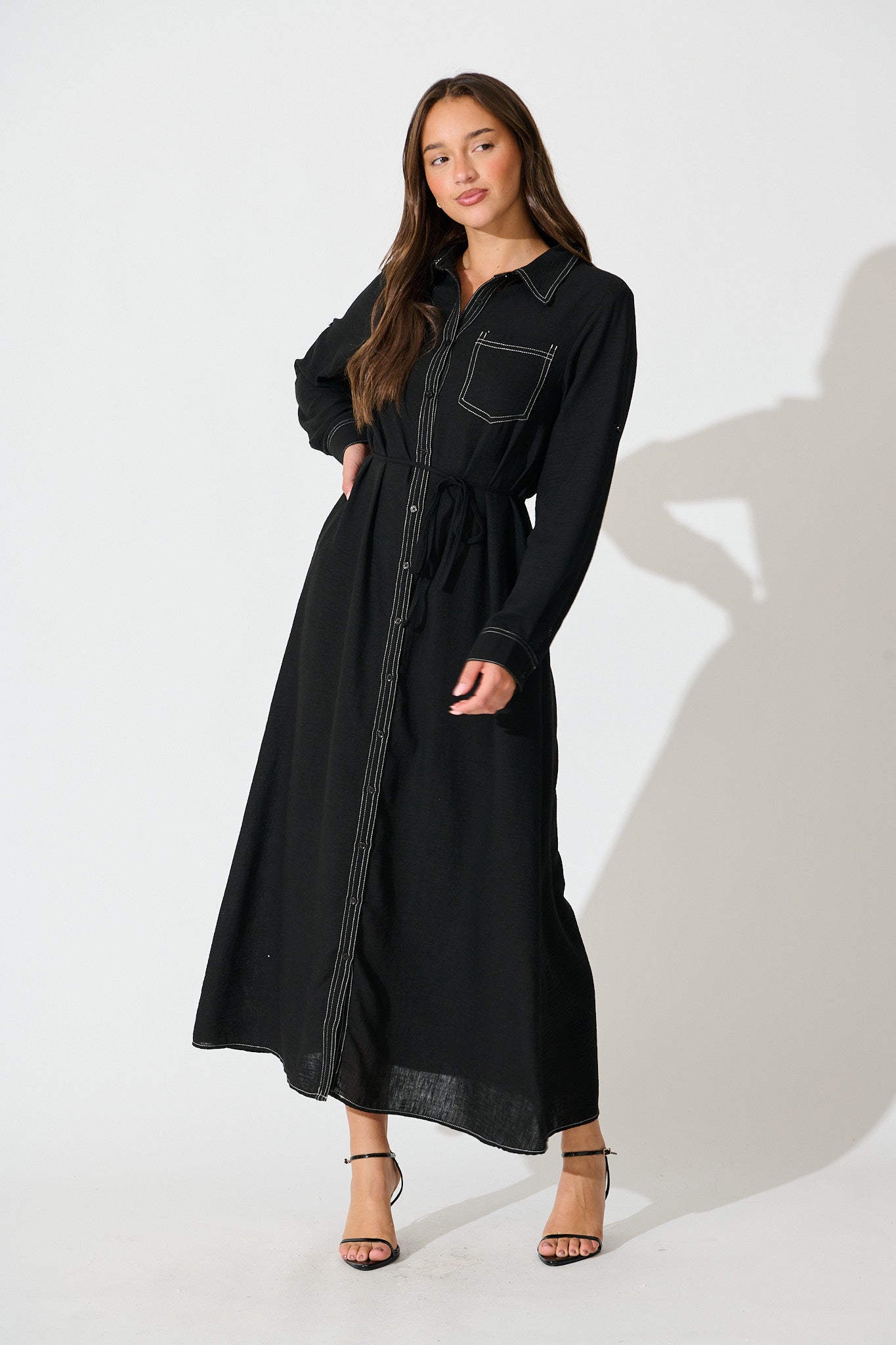 Renee Maxi Shirt Dress in Black Linen Blend