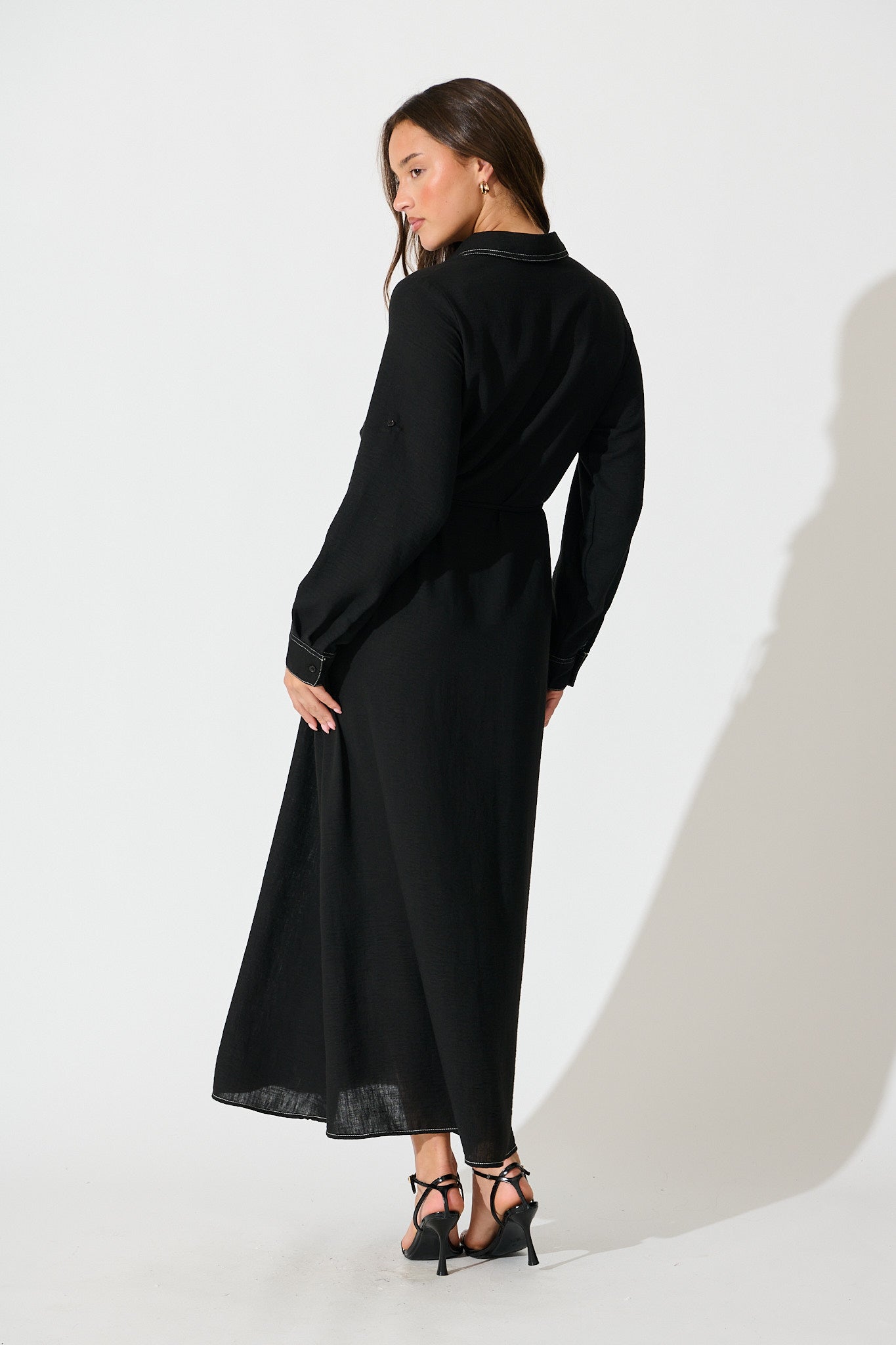 Renee Maxi Shirt Dress in Black Linen Blend
