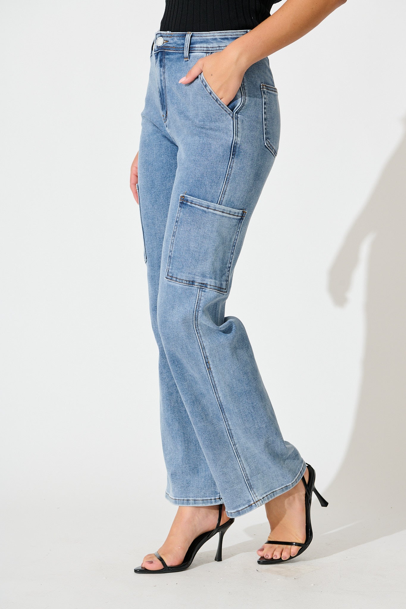Celeste High Rise Straight Cargo Jean in Mid Blue Denim