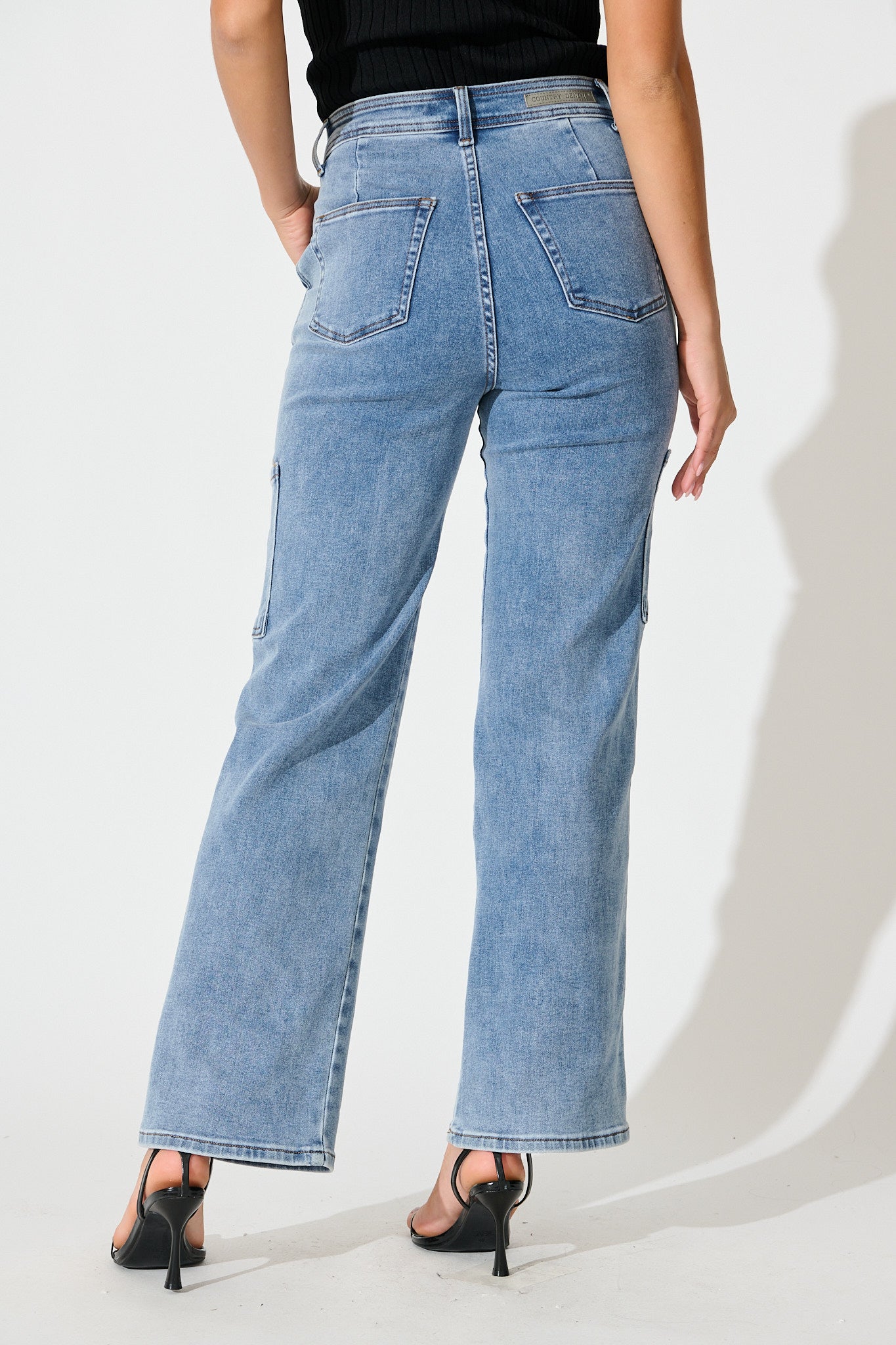 Celeste High Rise Straight Cargo Jean in Mid Blue Denim