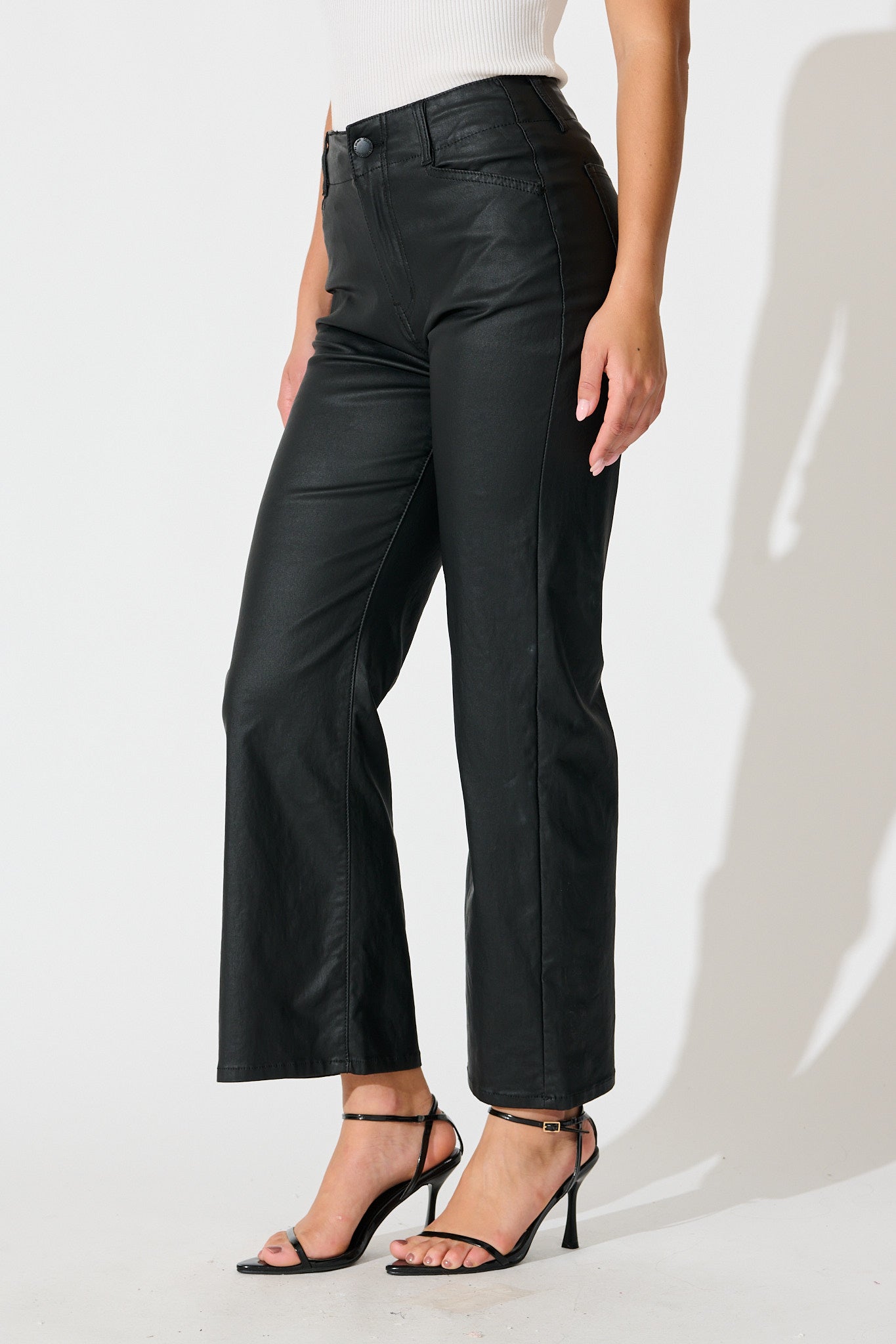 Natalie High Rise Straight Leg Pant in Black Wet Look