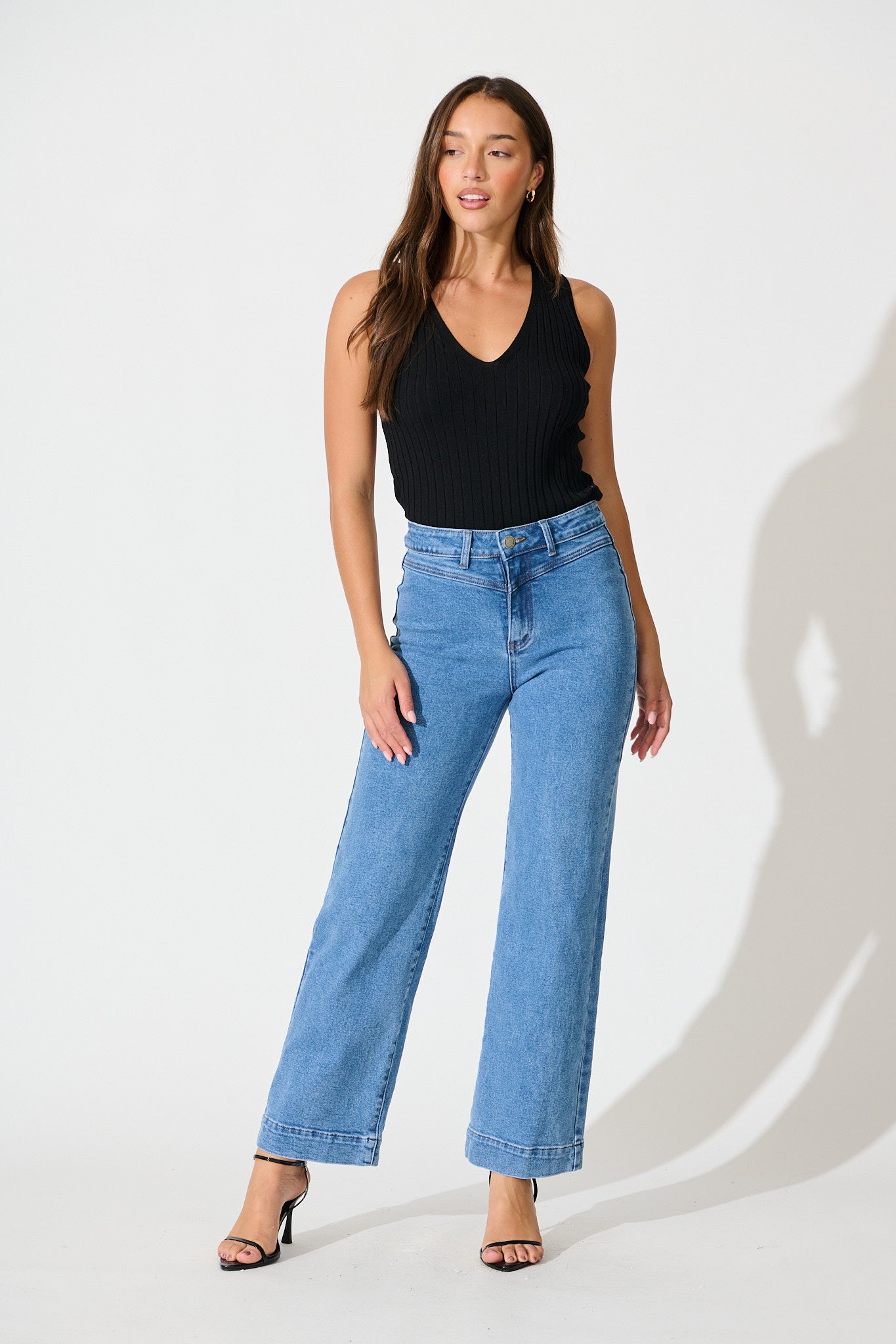 Tied Up High Rise Wide Leg Jean in Mid Blue Denim