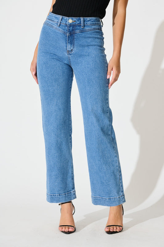 Tied Up High Rise Wide Leg Jean in Mid Blue Denim