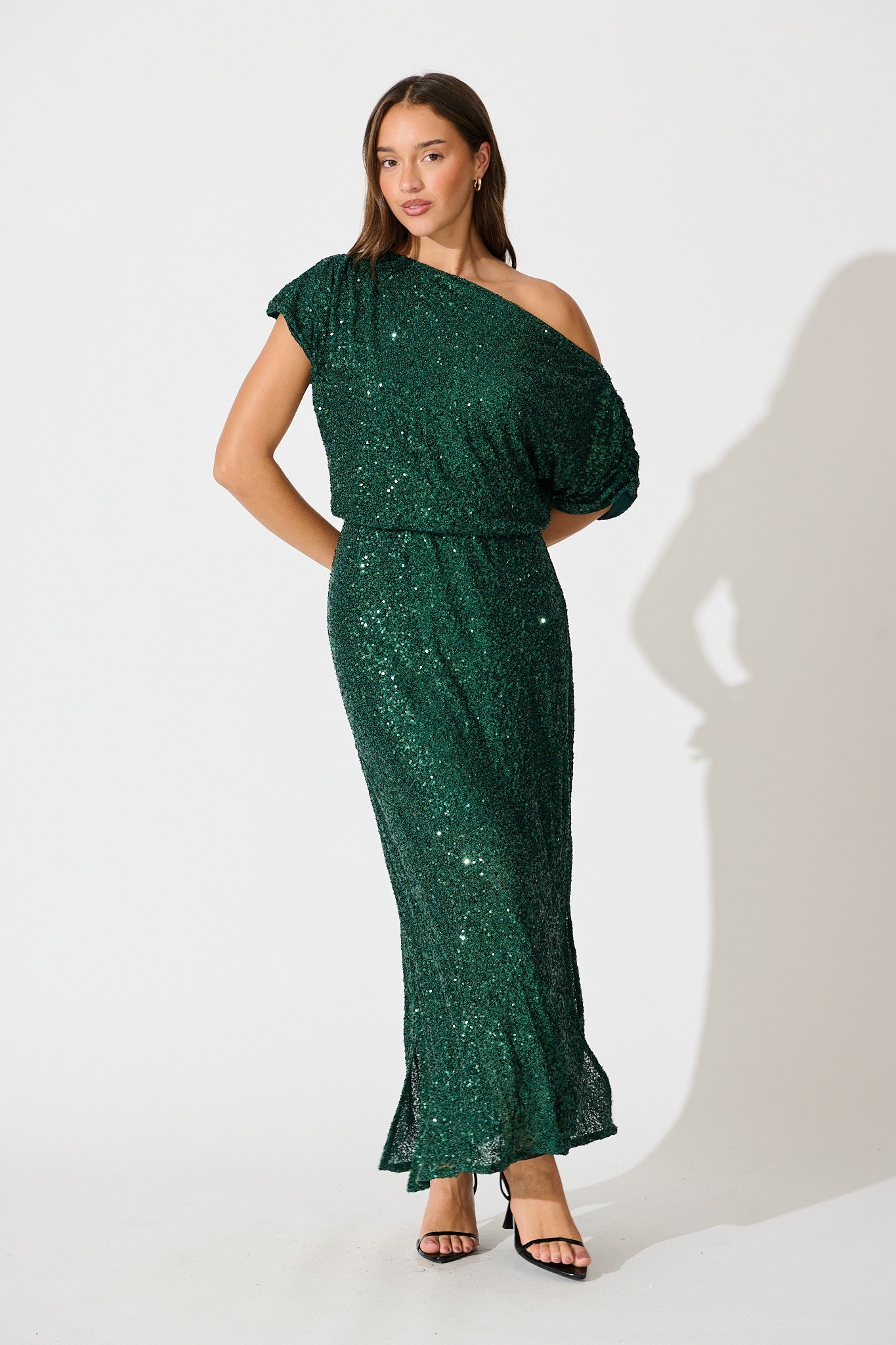 Amiri Off Shoulder Maxi Dress in Emerald Sequin