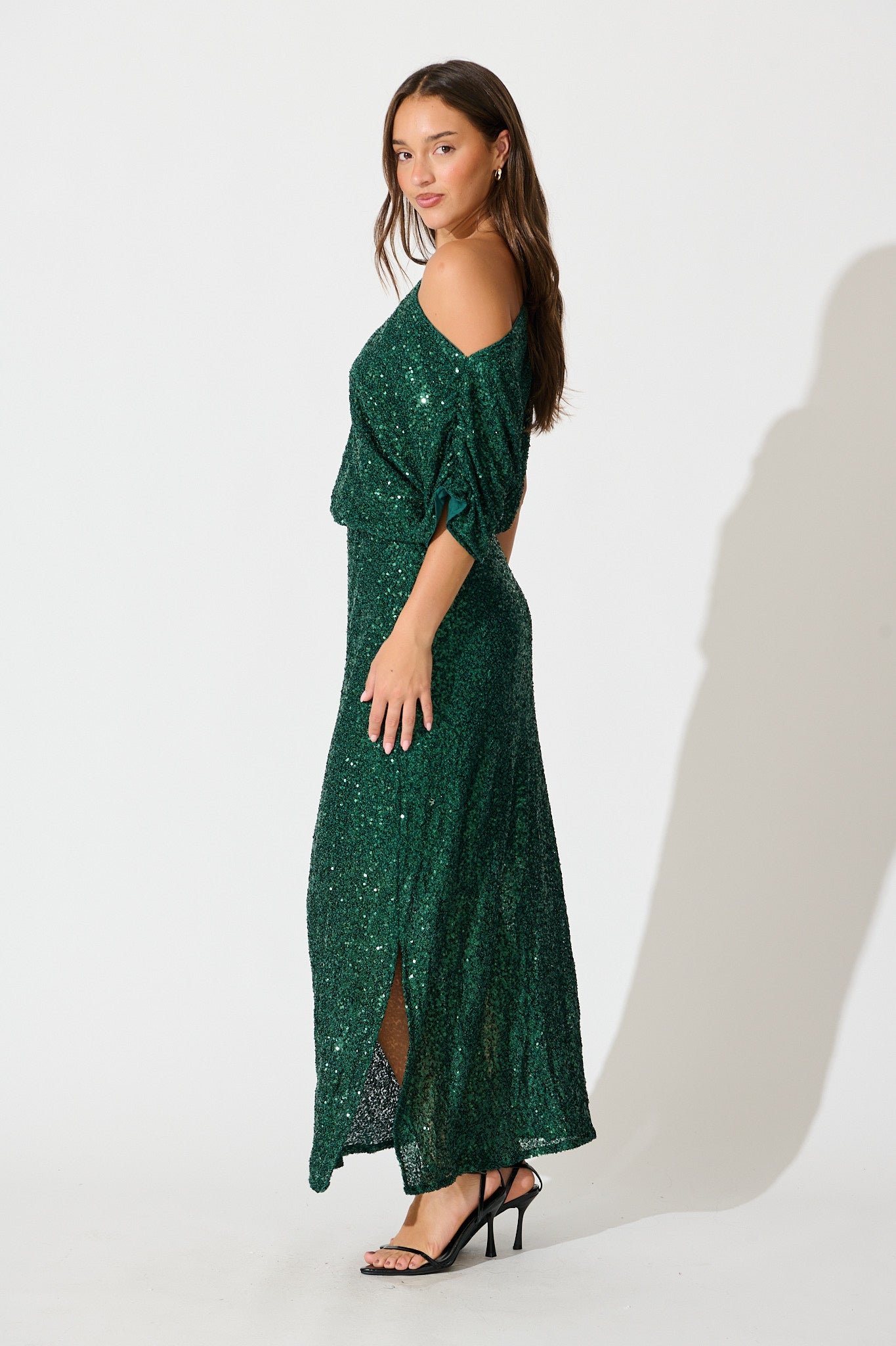 Amiri Off Shoulder Maxi Dress in Emerald Sequin