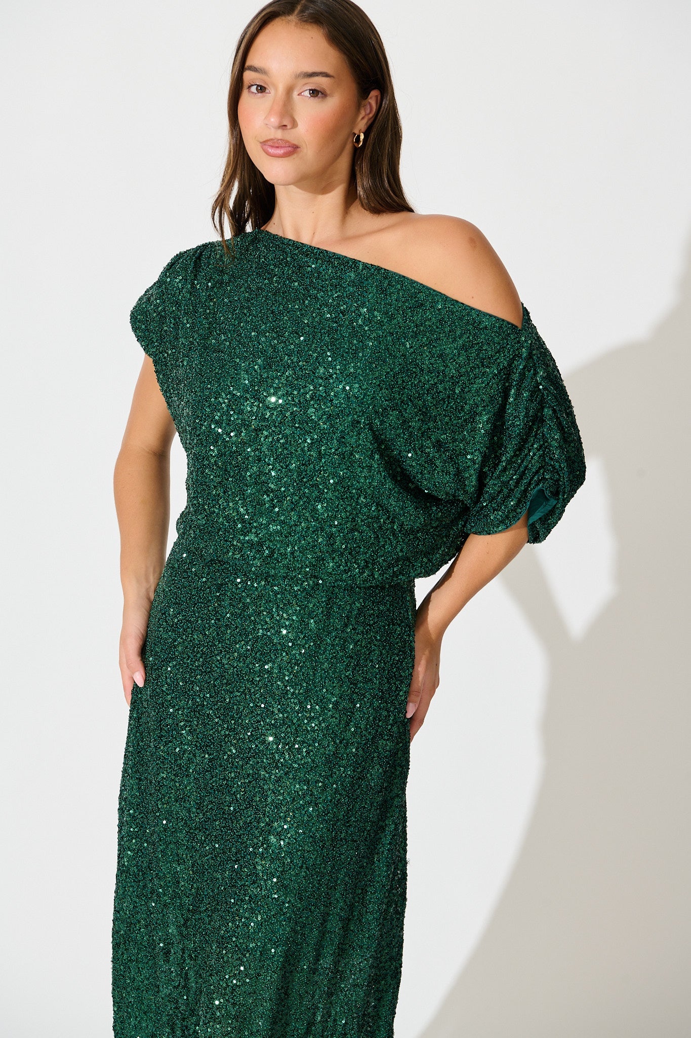 Amiri Off Shoulder Maxi Dress in Emerald Sequin