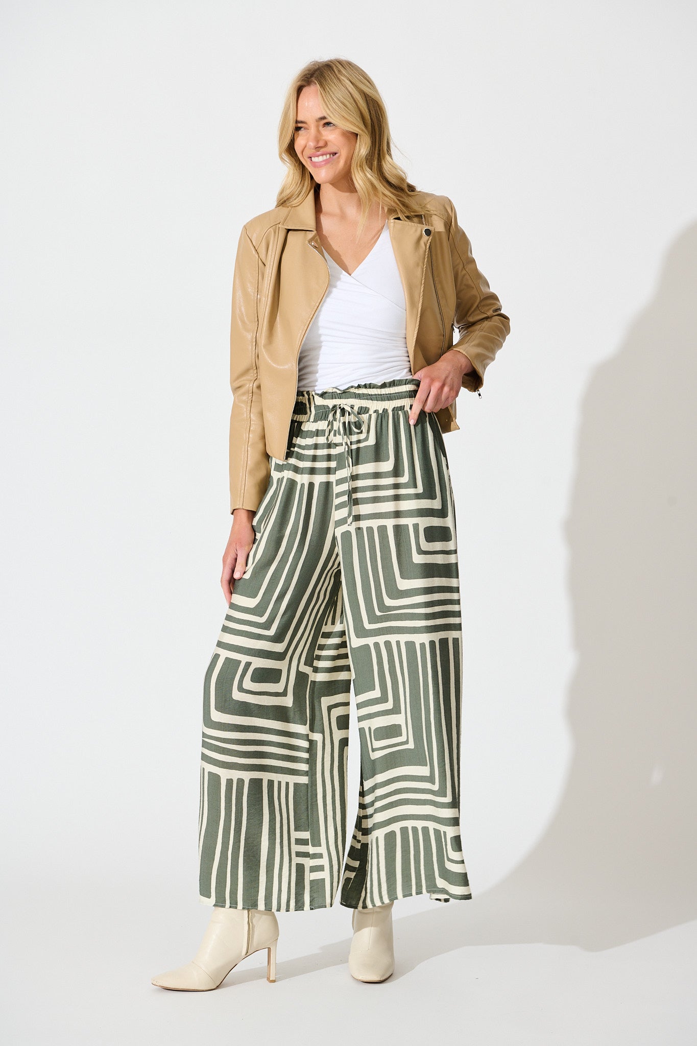 Goldie Pant in Cream and Green Geometric Print