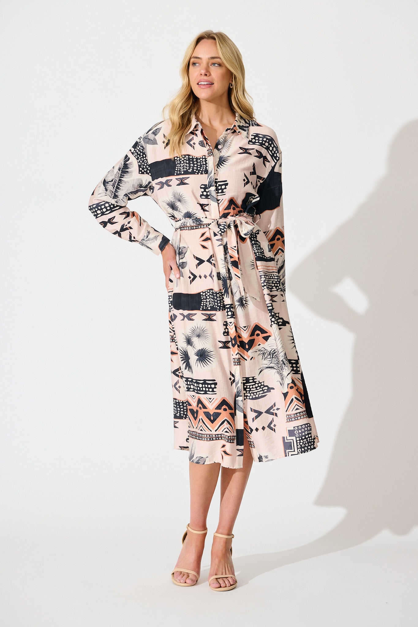 Talia Midi Shirt Dress in Blush with Black Print