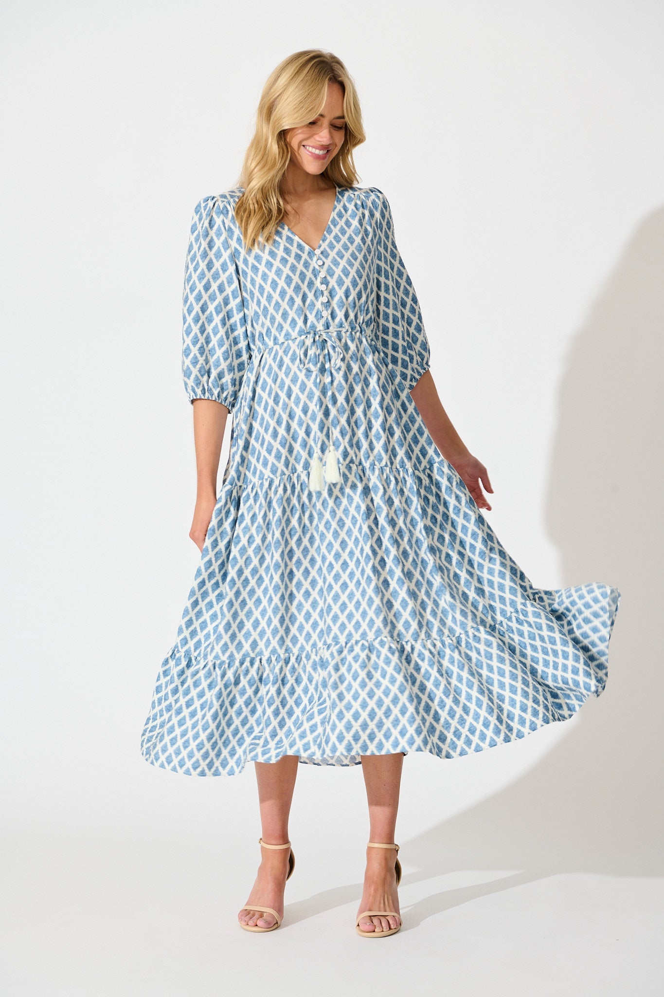Carolyn Midi Dress in White with Blue Print