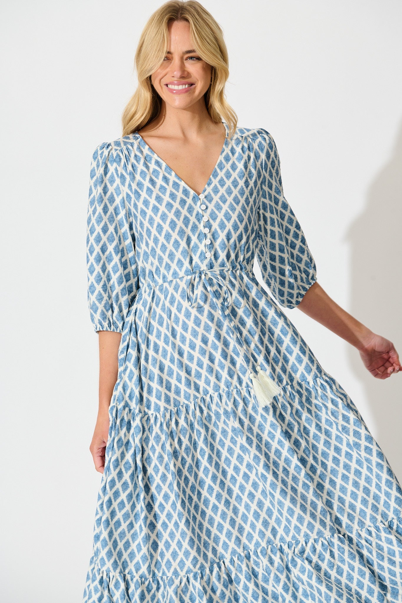 Carolyn Midi Dress in White with Blue Print