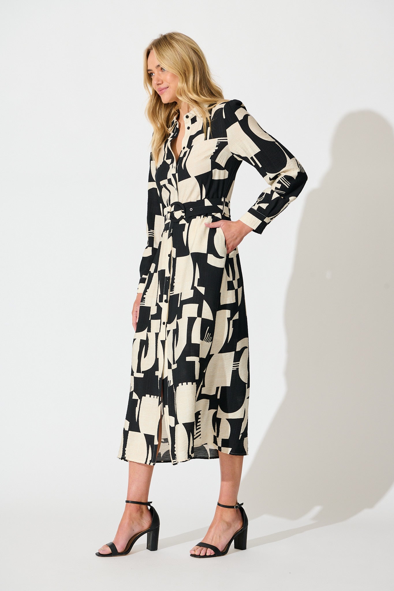Abbie Midi Shirt Dress in Cream and Black Geometric Print