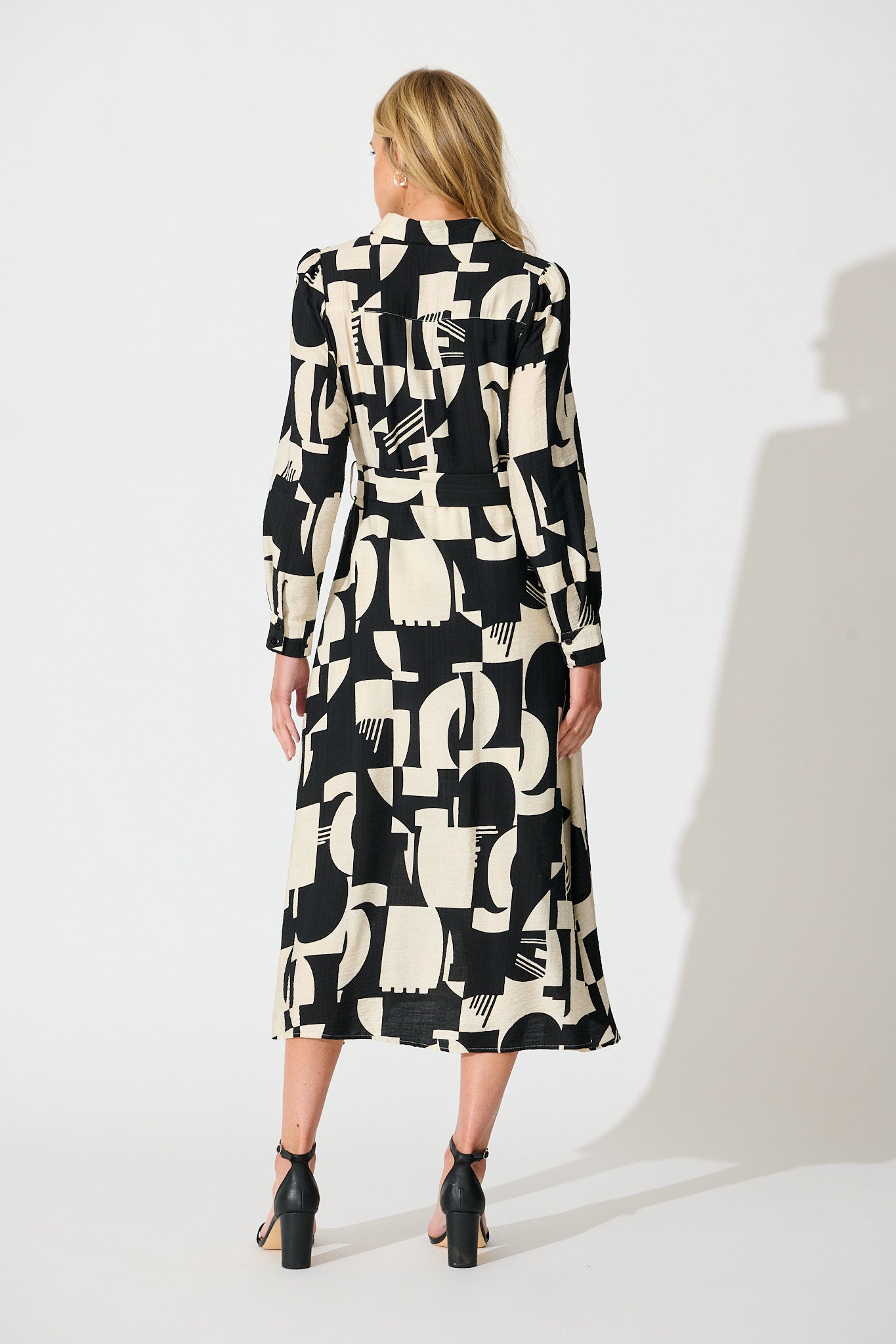 Abbie Midi Shirt Dress in Cream and Black Geometric Print
