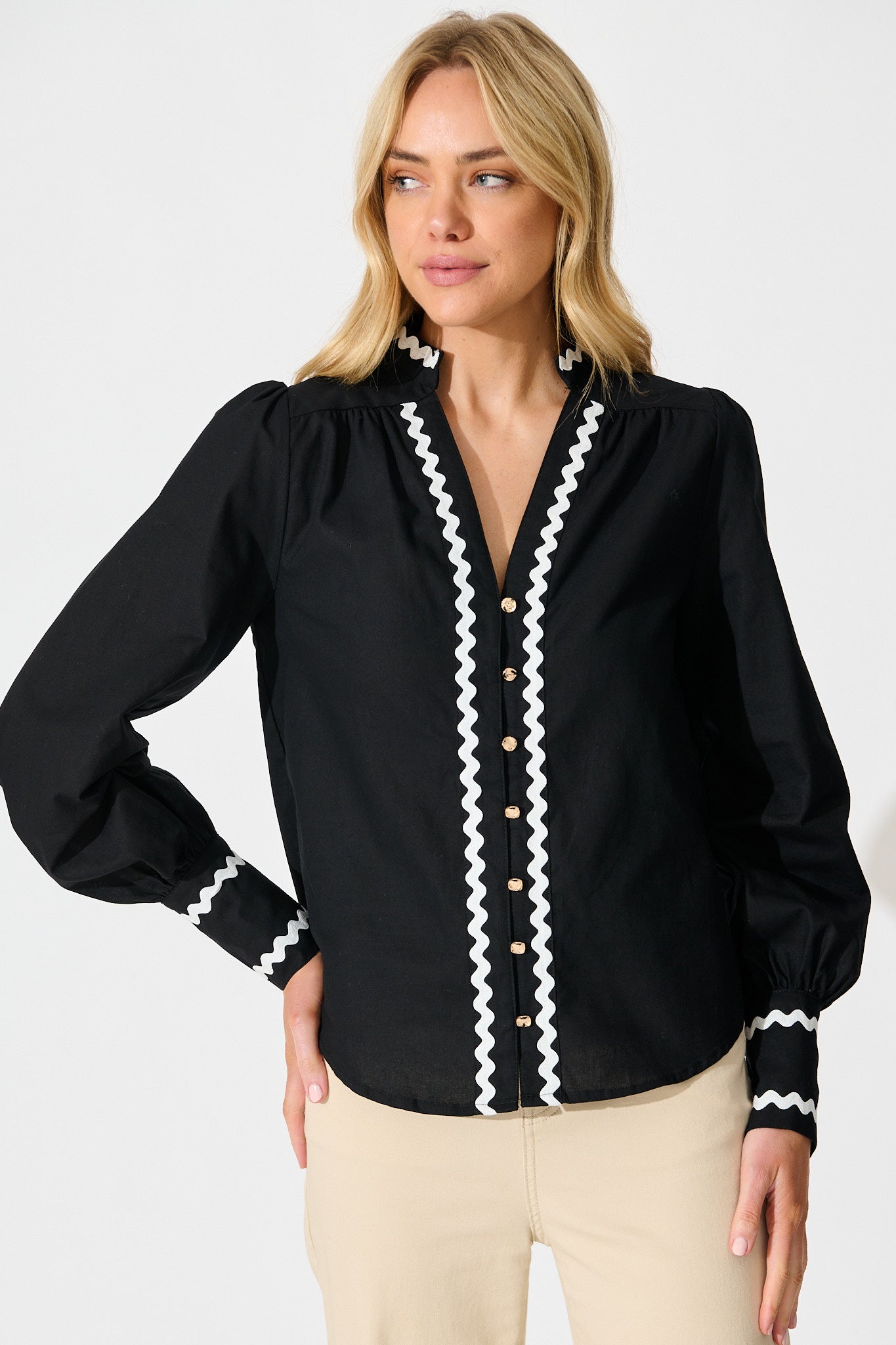 Ricki Top in Black with White Ric Rac Trim Cotton