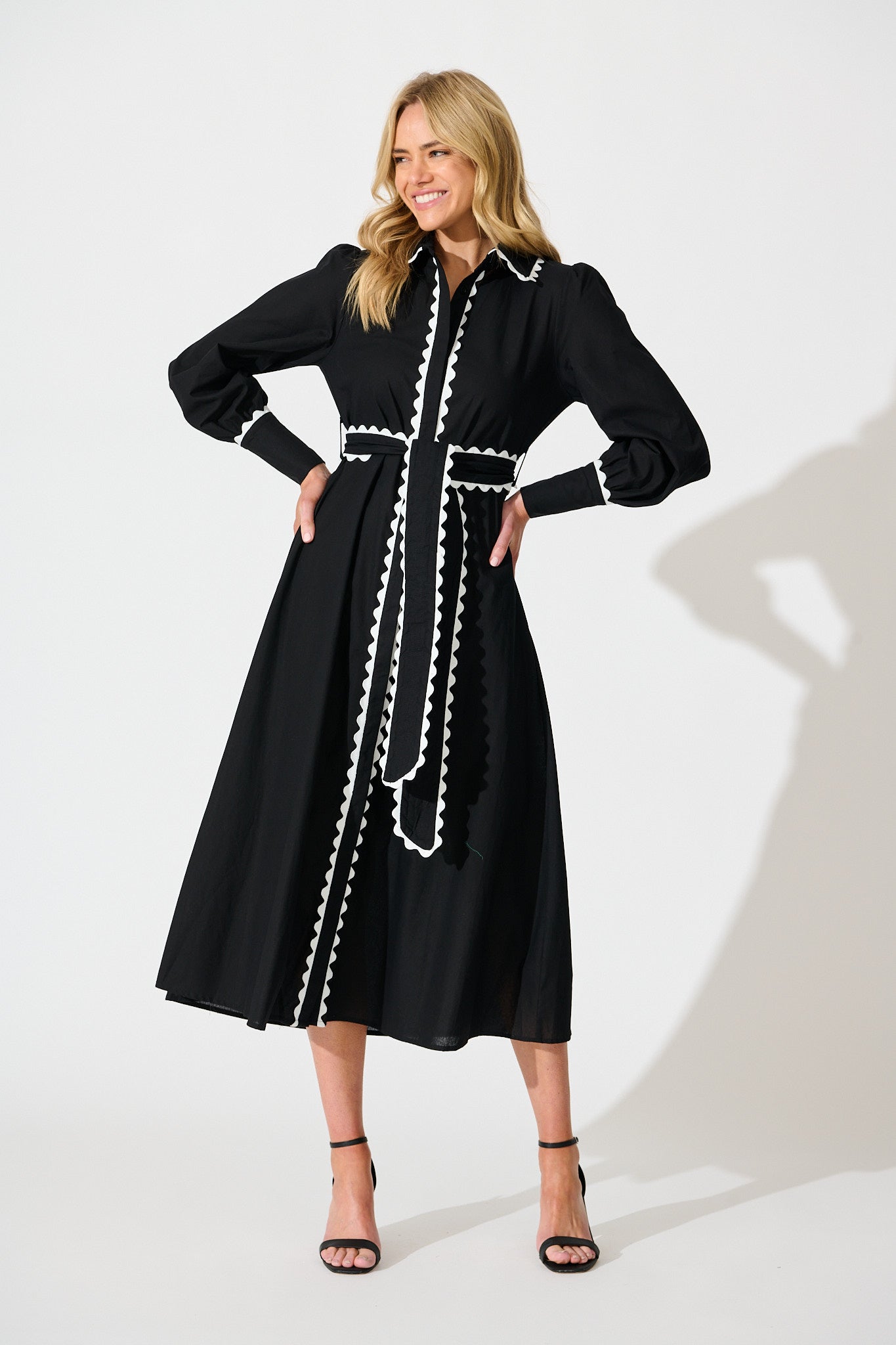 Lilyfield Midi Shirt Dress in Black with Contrast Trim Cotton