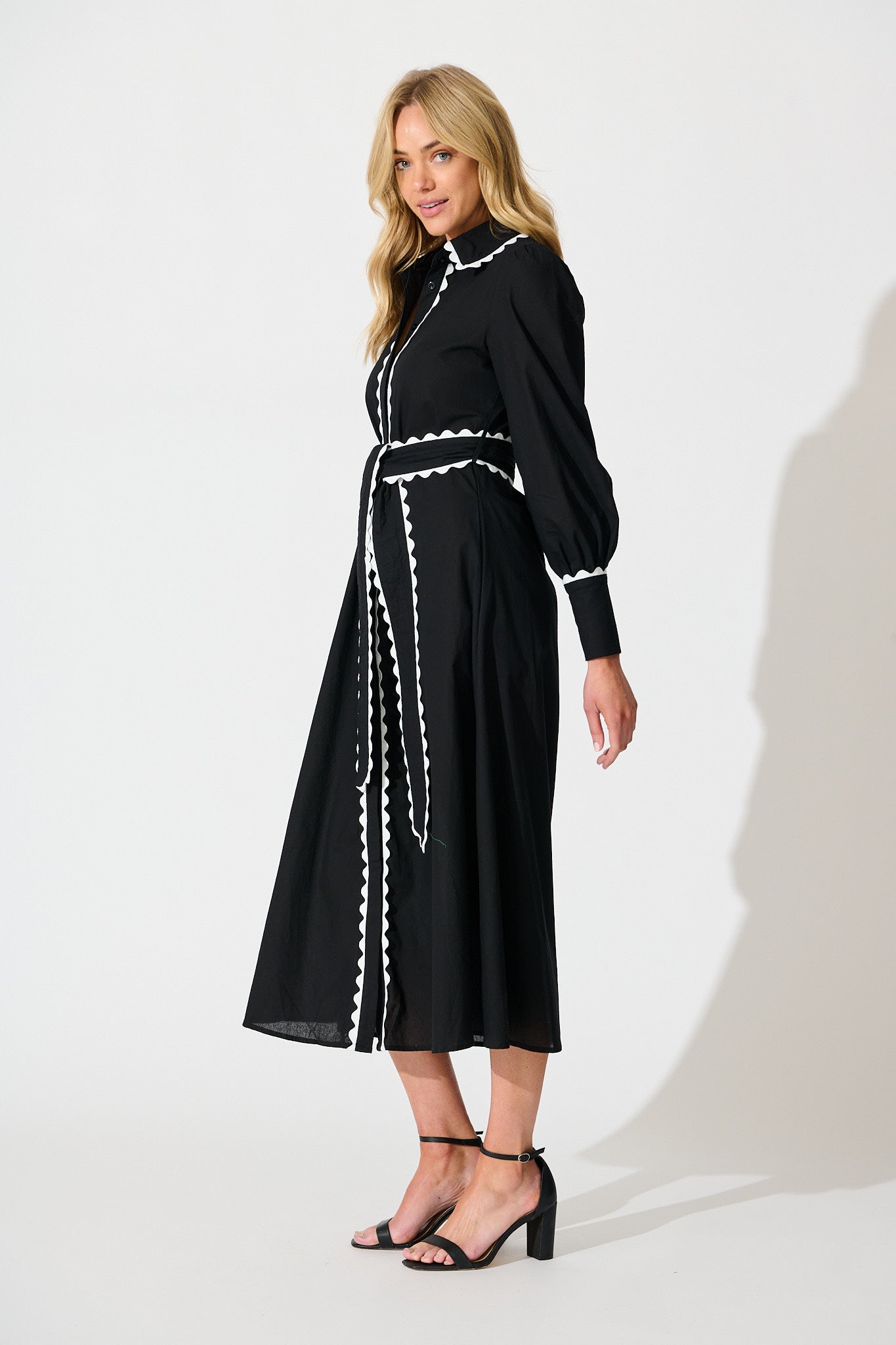 Lilyfield Midi Shirt Dress in Black with Contrast Trim Cotton