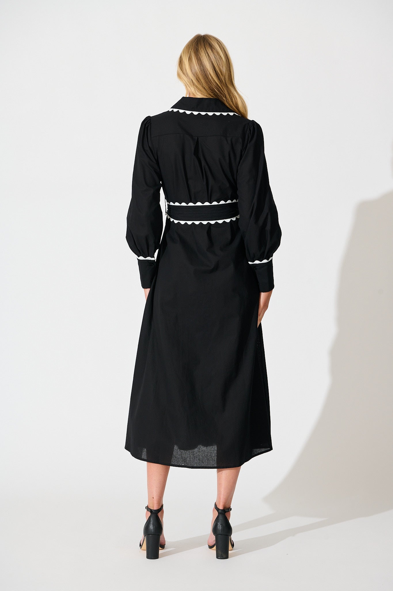 Lilyfield Midi Shirt Dress in Black with Contrast Trim Cotton