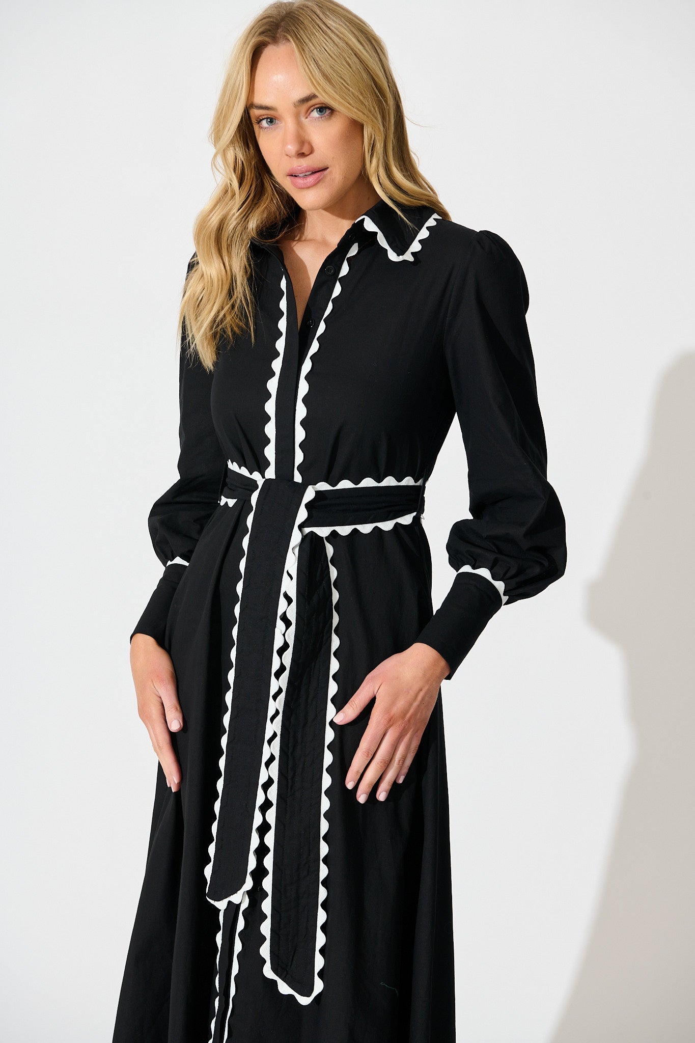 Lilyfield Midi Shirt Dress in Black with Contrast Trim Cotton